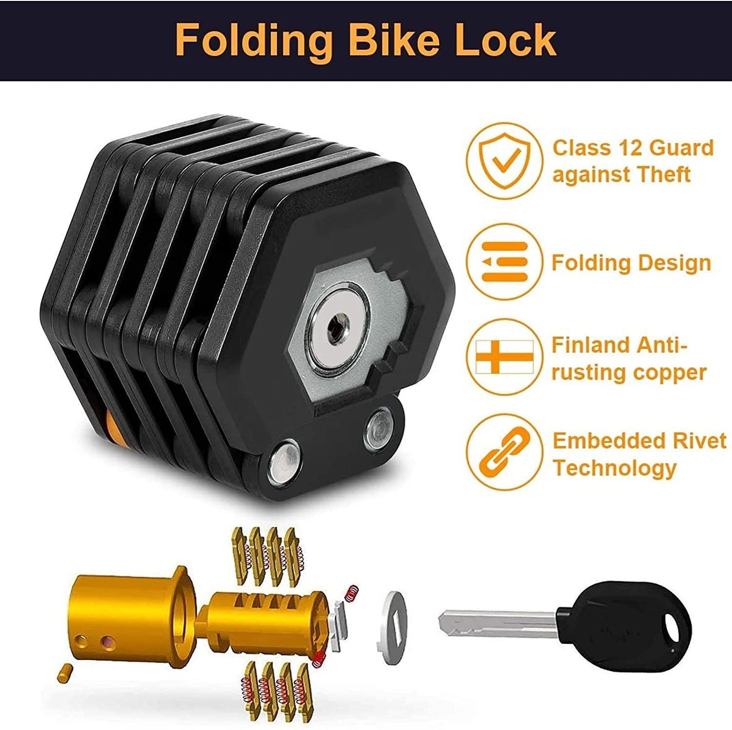 Lucchetto Pieghevole per Bicicletta, Resistente, ad Alta Sicurezza, in Lega di Acciaio, antifurto, per Bici da Corsa, motociclette elettriche (Nero, 6,7 x 5,5 cm)