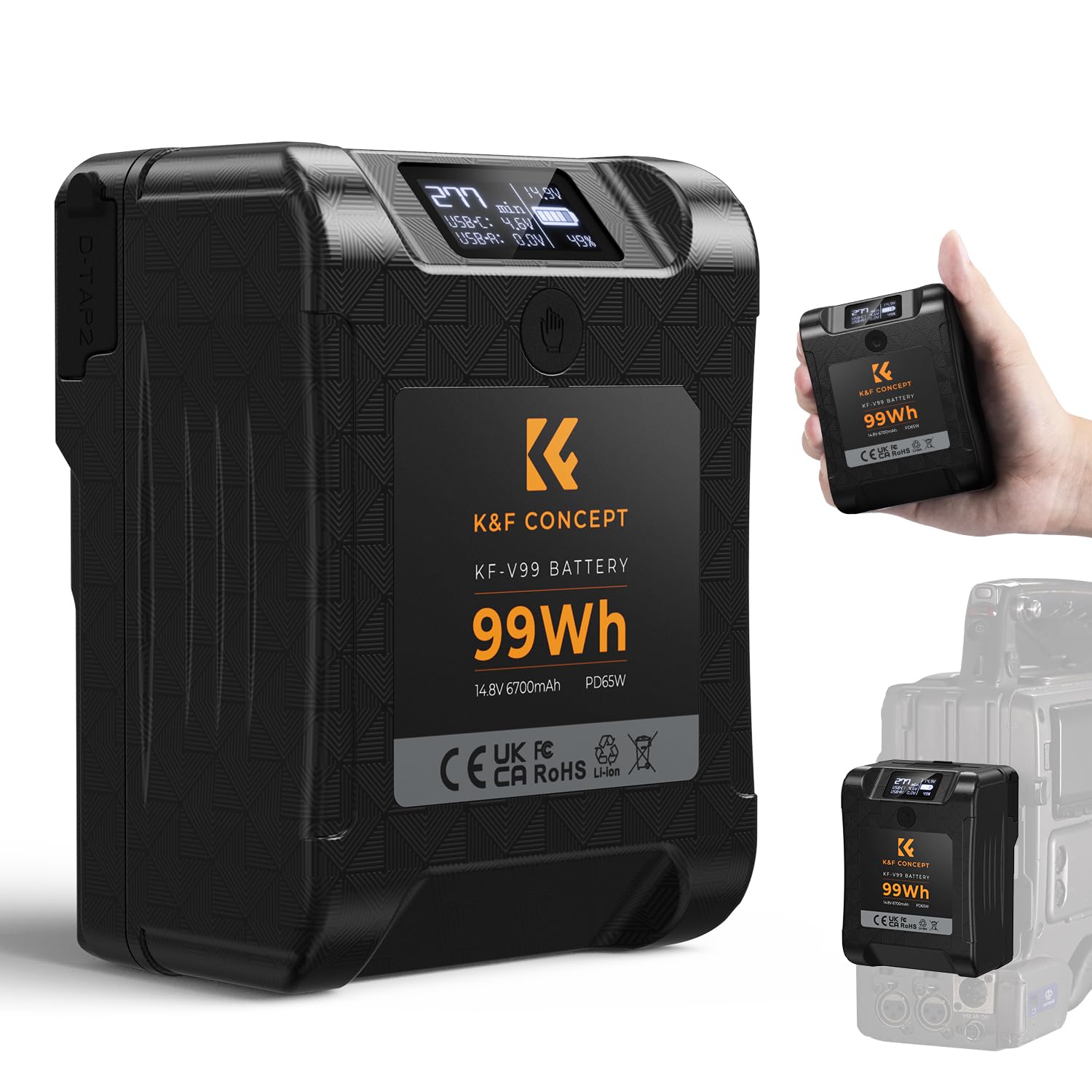 K&F CONCEPT V Mount Batteria 99 Wh/6700 mAh/14,8 V Coadiuvante 65W Carica Rapida PD Bidirezionale con D-TAP/USB-A/USB-C/BP,Schermo OLED, per Viaggio/Fotocamera/Smartphone