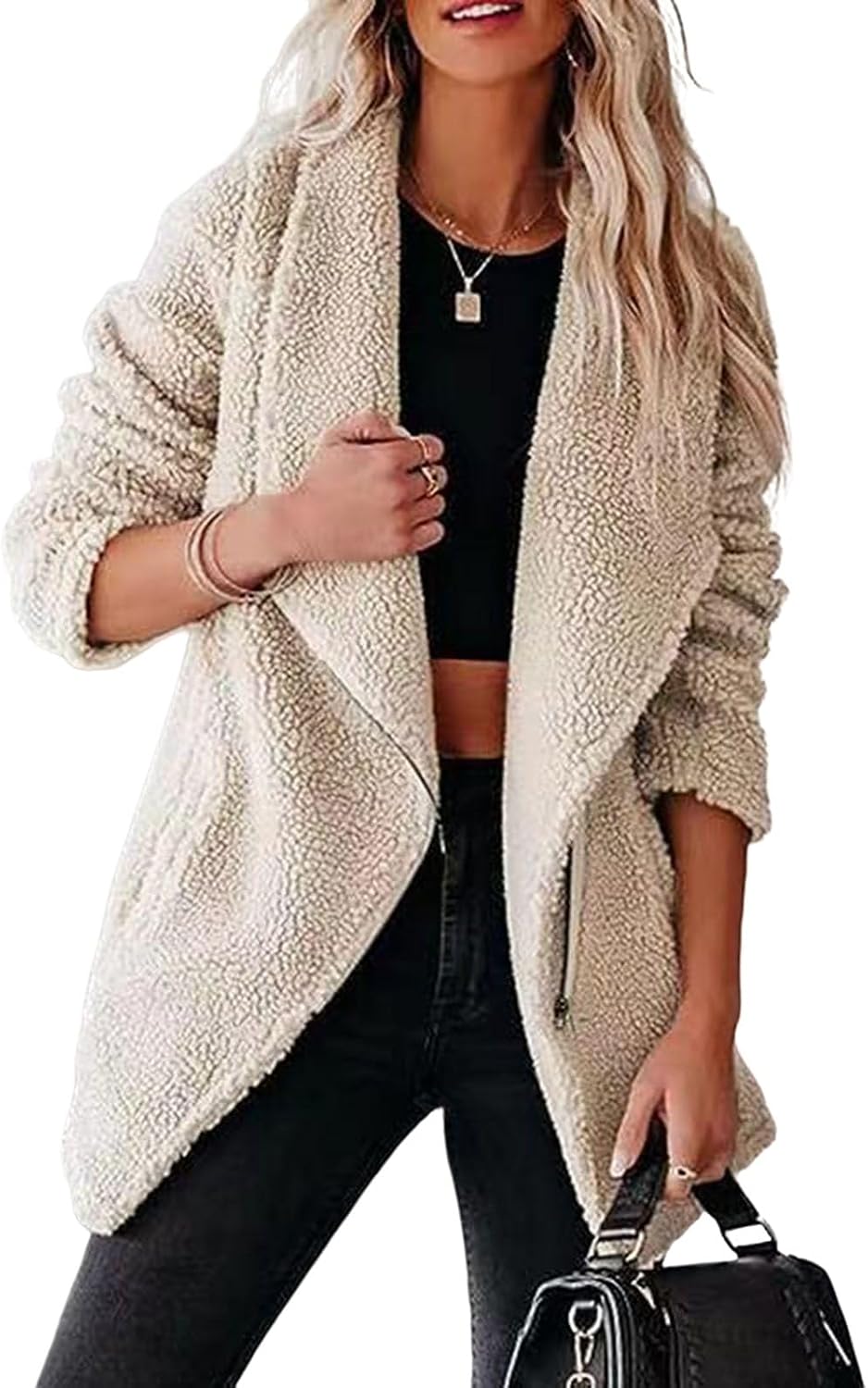 Women's Fashion Winter Coats Sherpa Fleece Faux Fur Shearling Oversized Jacket Fuzzy Zip Up Warm Coat with Pockets