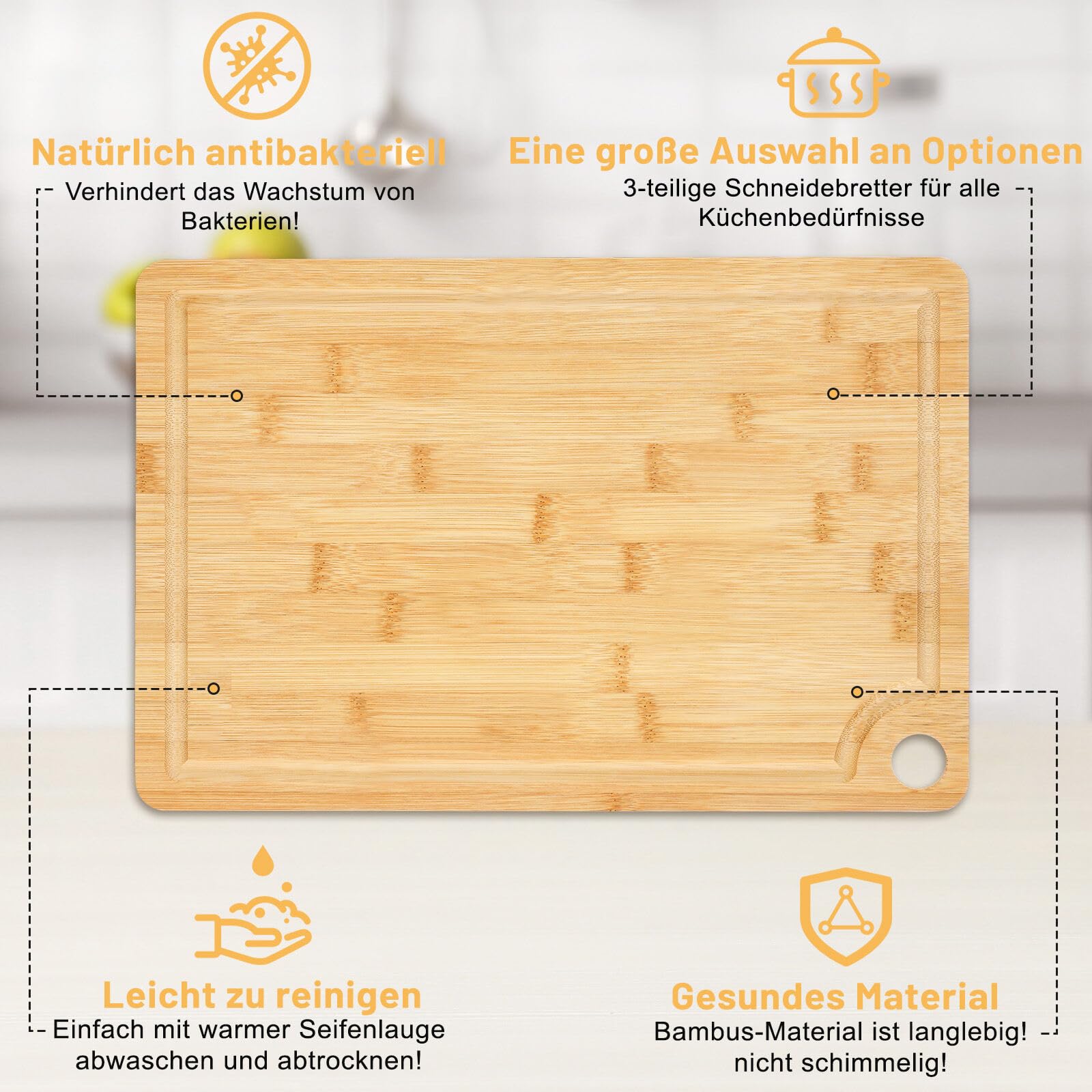 Bambú Tabla de Cortar Juego de 3, Diferentes Tamaños,Tablas de Cortar de Madera y Bandeja para Servir, Tablas de Cortar de Madera Gruesa para Cocina, Aptas para Lavavajillas