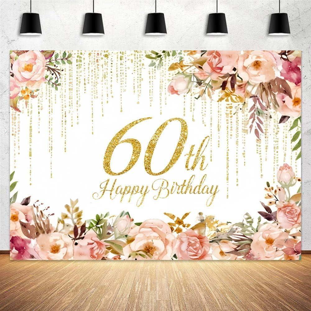 7 x 5 ft Happy 60th Birthday Backdrop Pink Watercolor Floral Golden Background for Women Grandma Theme Birthday Party Photography Background Stylish
