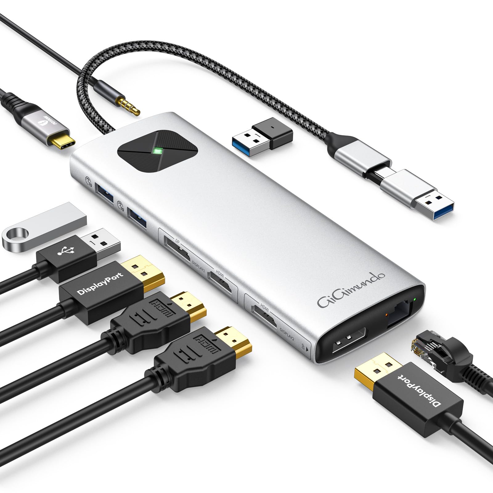 GiGimundo Station d'accueil USB C 10 en 1, Displaylink pour MacBook Air/Pro avec 2 * 4K @60Hz HDMI et 2*DisplayPort, Gigabit Ethernet, 3 * USB3.2, 100W PD, port Audio 3.5mm, pour Windows/Linux-Argenté