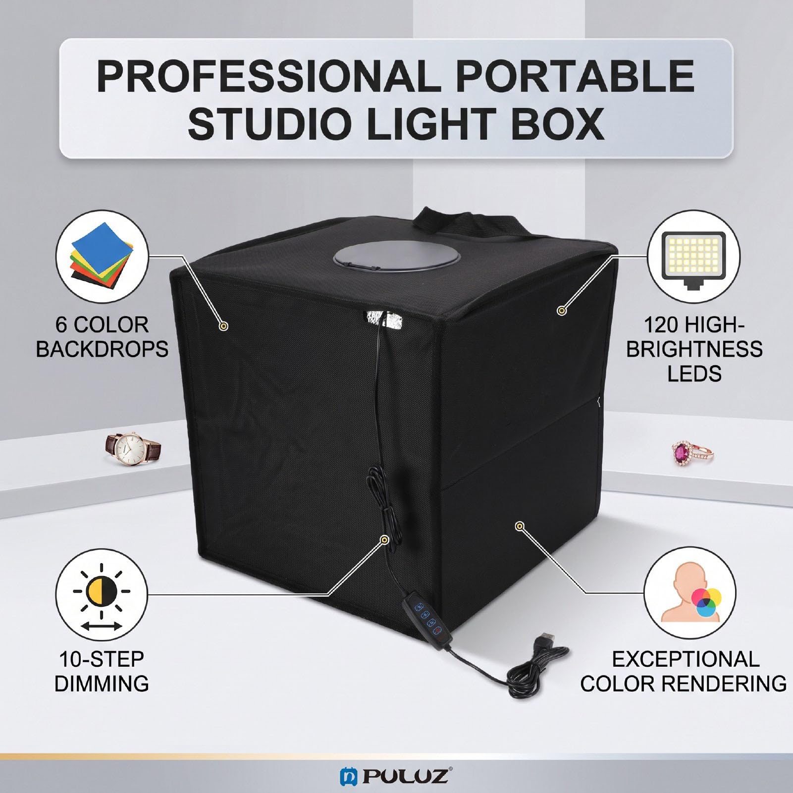 Caja de Luz Fotografica de 30x30x30 Cm para Propietarios Pequenos Negocios Que Toman Fotos Productos 120 LED Regulables Proporcionan Iluminacion Brillante y Uniforme
