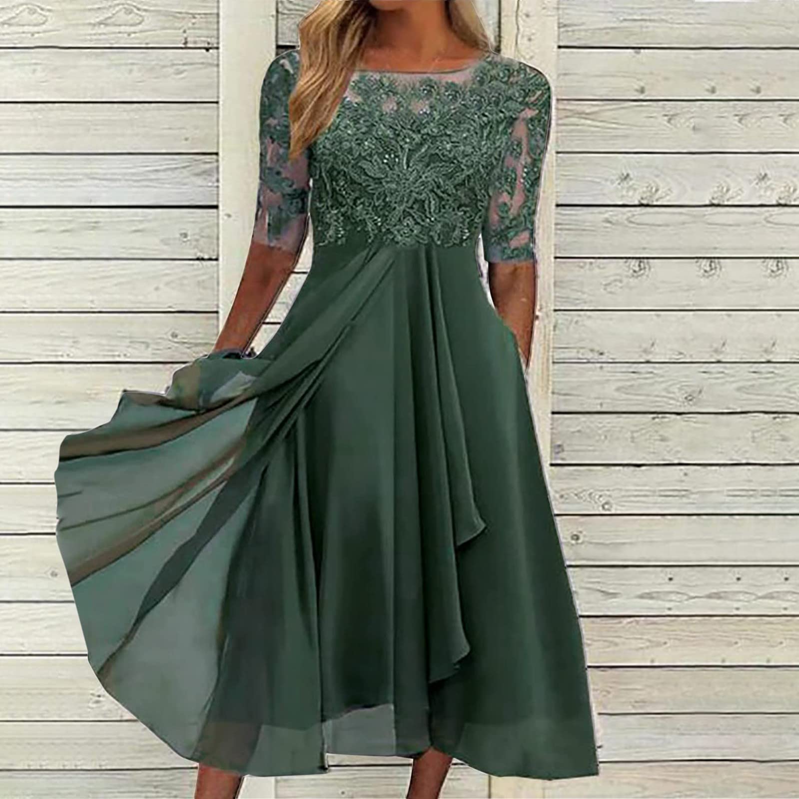 Damen Kleid Elegant Festlich Hochzeit Knielang Abendkleid Kurzarm V-Ausschnitt Partykleid Ballkleider Sommer Chiffon Spitzenkleid Ärmellos Glitzer Bedrucktes Midikleid Damenkleider Große Größen Blau