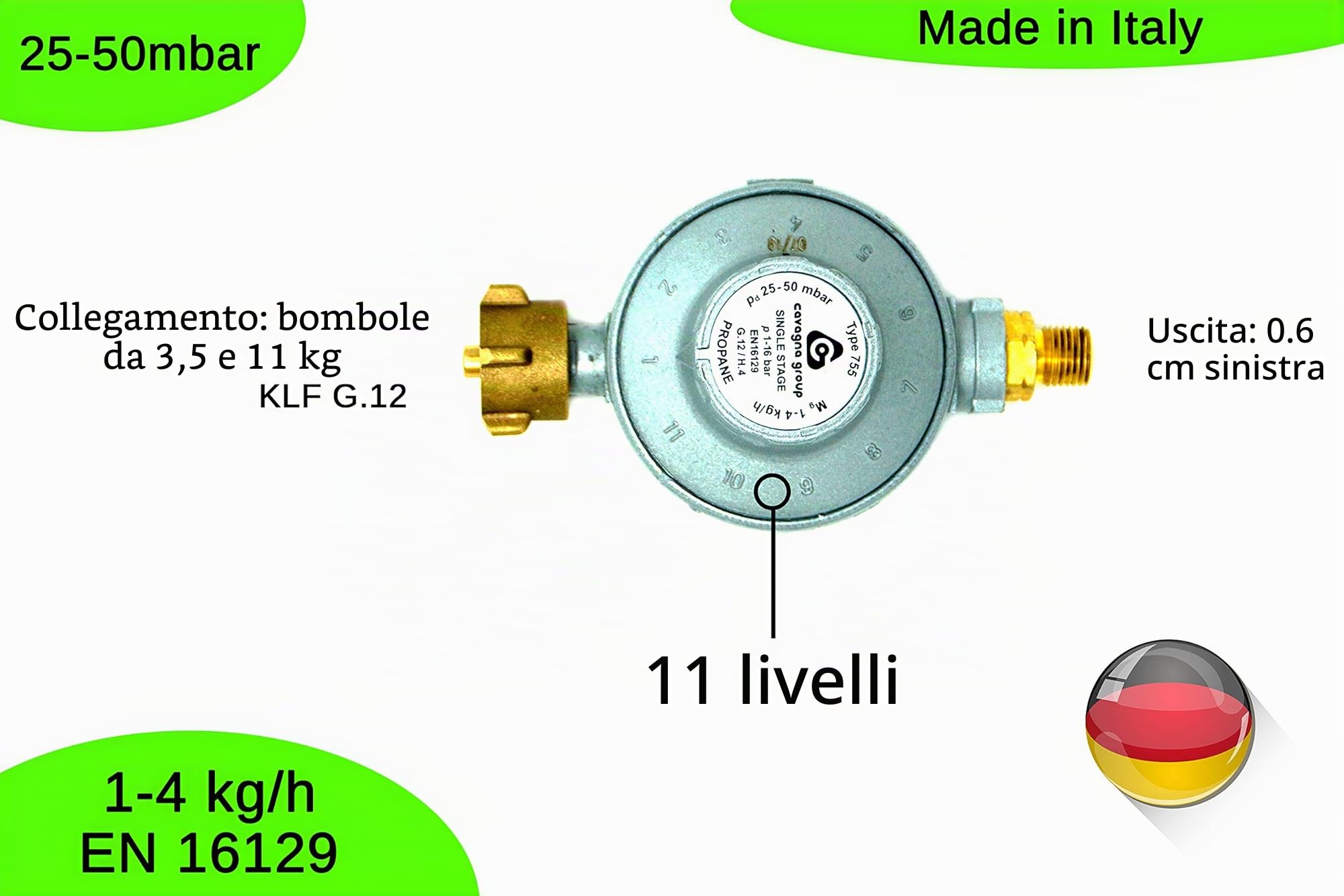 CAVAGNA Regolatore di Bassa Pressione 25-50mbar Regolatore di Pressione del Gas Regolabile in 11 stadi per griglia a Gas, Stufa radiante, Stufa radiante terrazza, fornello