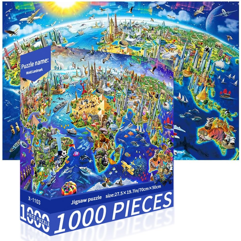 World Landmarks Jigsaw Puzzle,Global Map Puzzle for Adults,1000 PcsJigsaw Puzzles,Educational Games Brain Challenge Puzzles for Teens for Party Family Fun Birthday Gifts