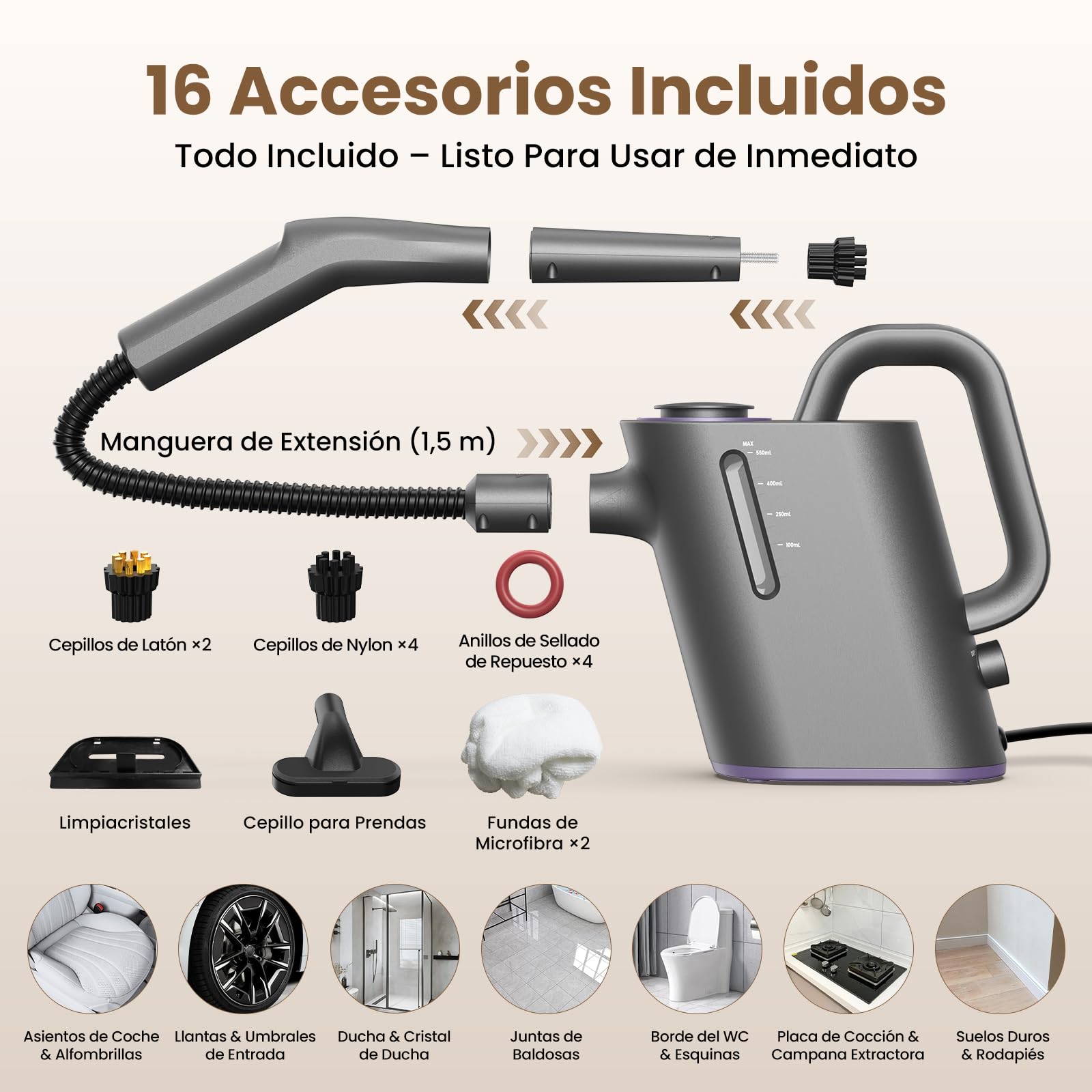 Vaporeta Limpieza Hogar 550ML Depósito de Gran Capacidad, 15S Calentamiento Rápido Vaporeta de Mano Portátil 16 Accesorios, 1500W Alta Presión apto Muebles, Coches, Ventanas, Baños