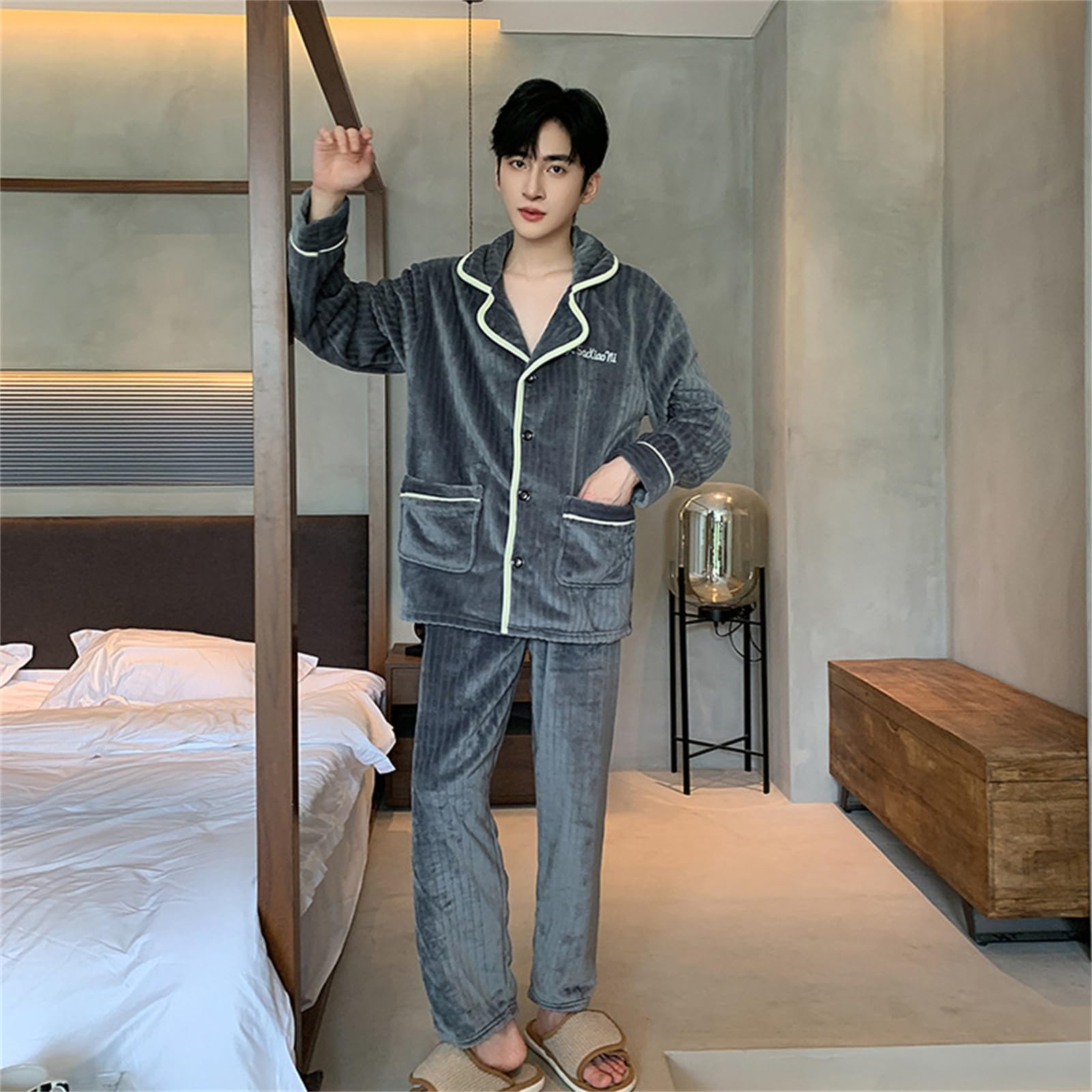 Pijamas de los Hombres Traje de Dos Piezas de Franela Invierno Grueso y cálido Terciopelo Coral Uso casero Pijama Set Lovers Sleepwear 2PCS Ms Nightwear