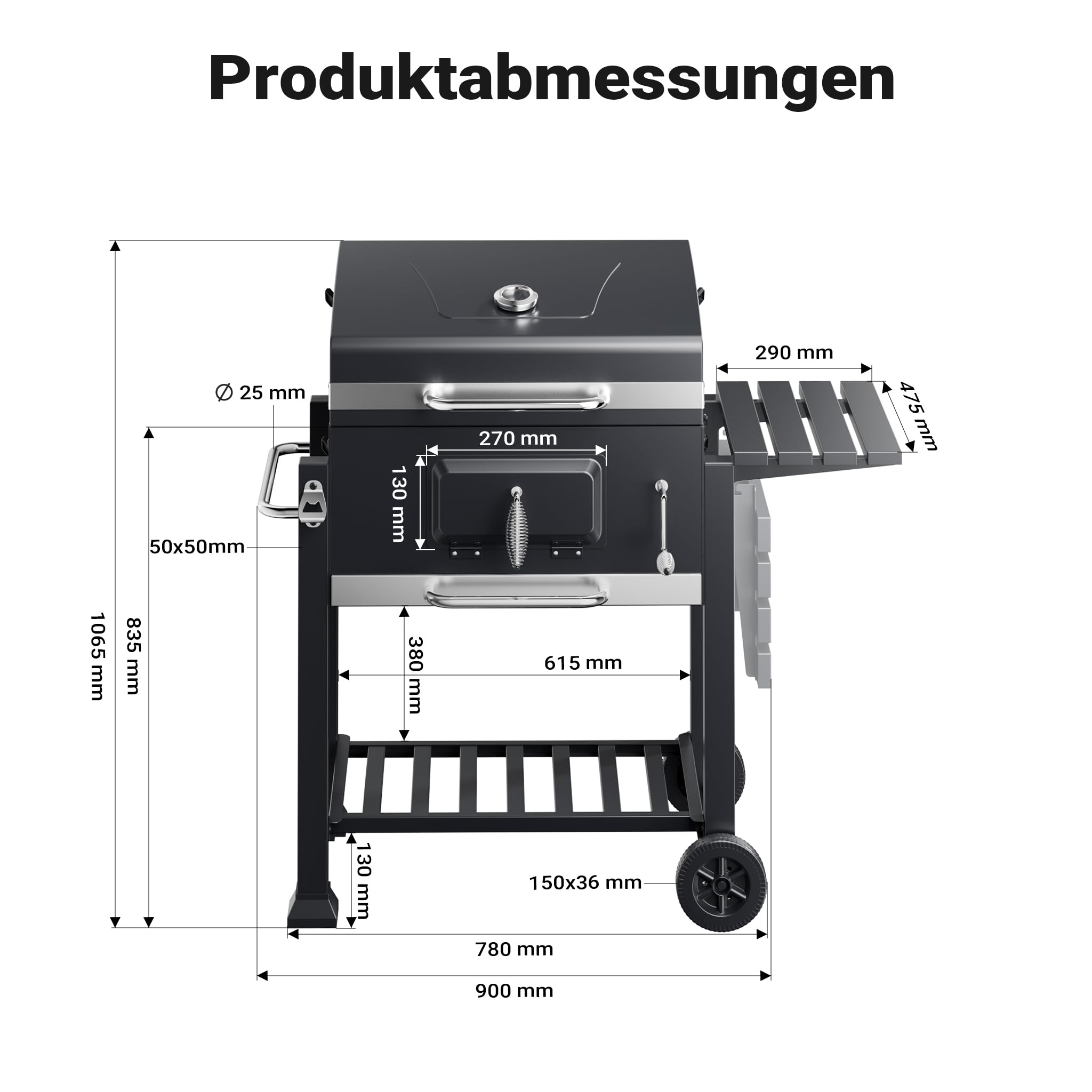 BBQ Holzkohle Grillwagen mit Deckel, Ablage und Feuerklappe, Höhenregulierung für Kohle, Thermometer