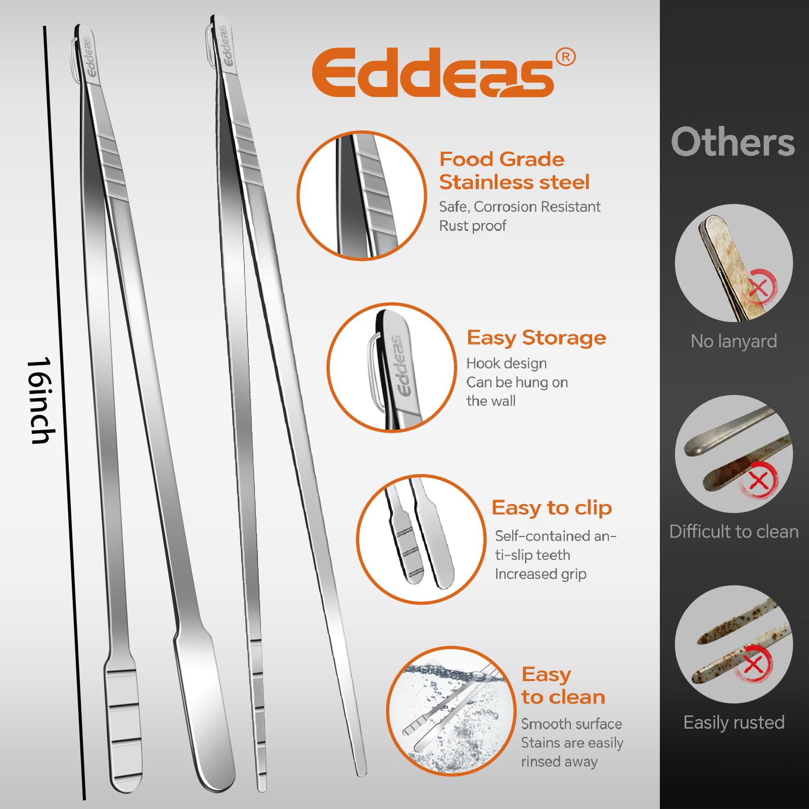 Eddeas Pinzas de cocina de 16 pulgadas de largo, paquete de 2 pinzas grandes para cocinar, pinzas de acero inoxidable resistentes al calor hasta 315.6 °C, aptas para lavavajillas