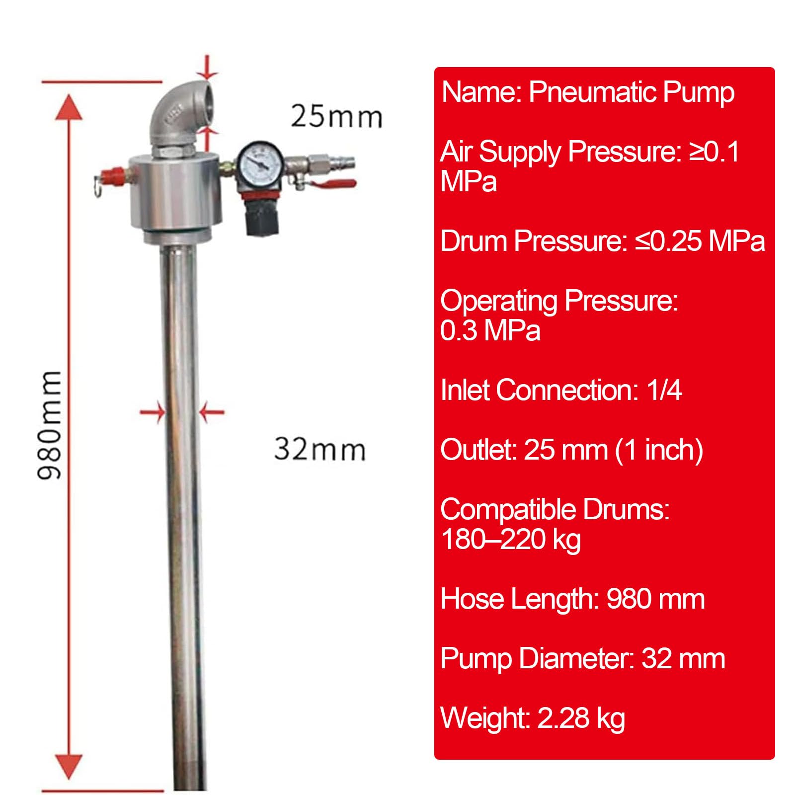 Pompa Pneumatica per Travaso Olio, Pompa Pneumatica per Fusti in Acciaio Inox con Manometro E Valvola di Sicurezza, Raccordo di Uscita Olio da 25 Mm, Lunghezza 98 Cm, per Fusti di Olio da