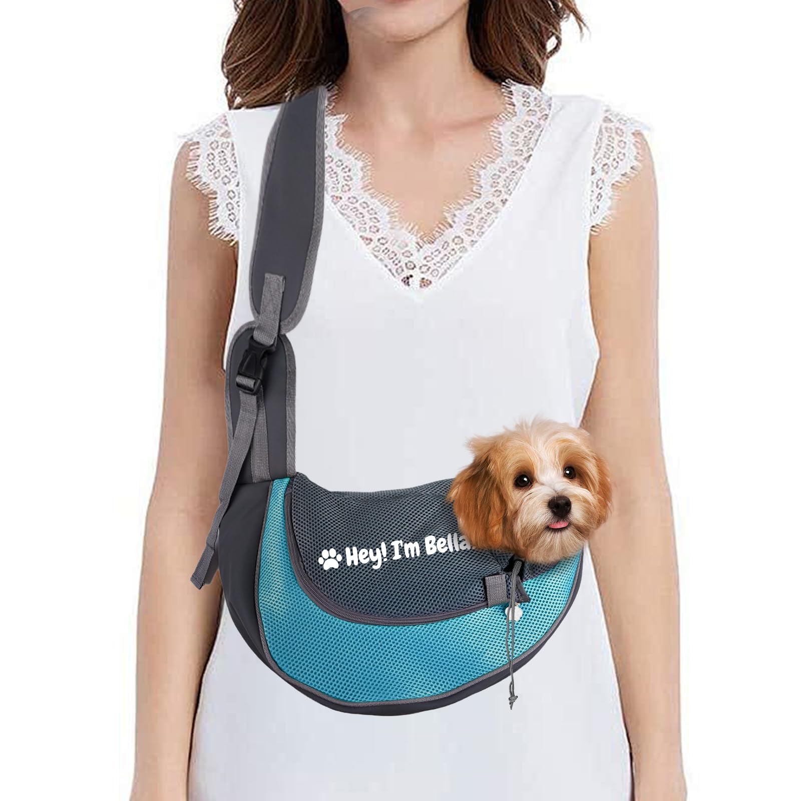 Personalized Dog Carrier Sling with Name Embroidery, Adjustable Pet Carry Bag with Safety Hook & Extra Wide Shoulder Strap, Custom Dog Carrier Pouch for Small Dogs/Cats (Blue, S)