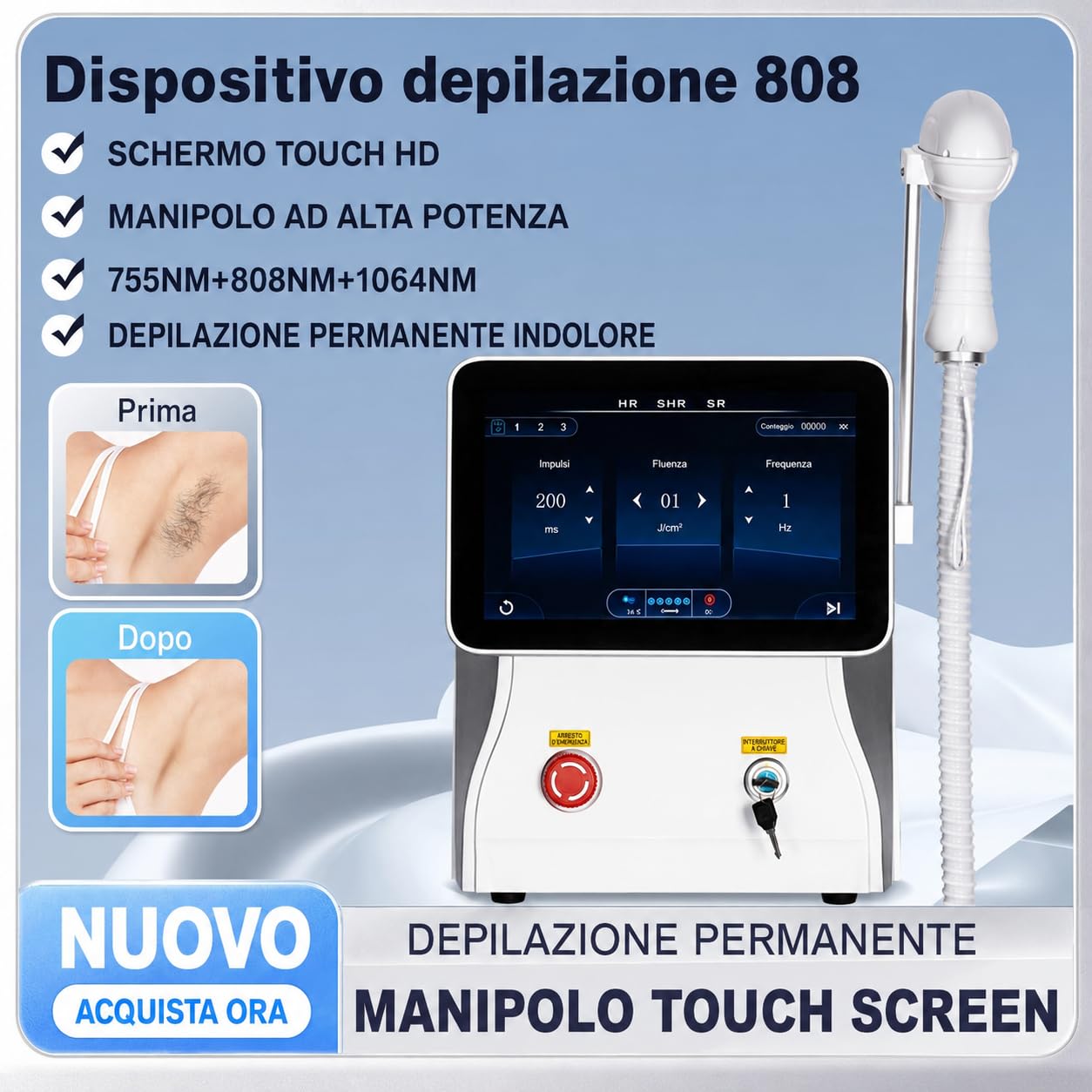 Dispositivo per epilazione laser permanente a diodo 808 nm, manipolo a 10 barre laser, 755 808 1064 nm, raffreddamento integrato, display touch HD, per salone e uso domestico
