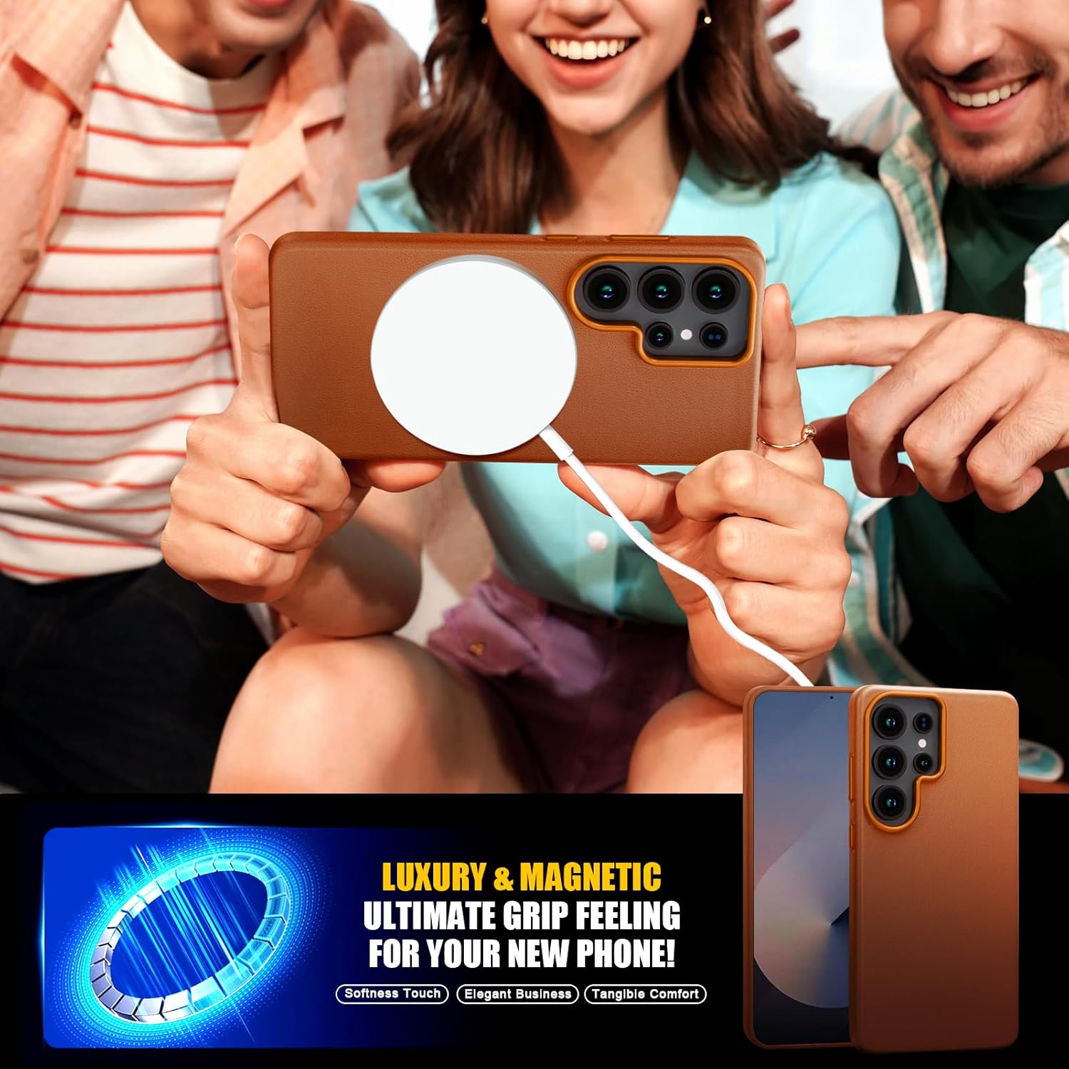for Samsung Galaxy S26 Ultra Leather case Compatible with MagSafe for Professional Men Women Brown, Full Grain Leather, Wireless Charging, Metal Buttons Camera Bezel, Ultra-Thin fit