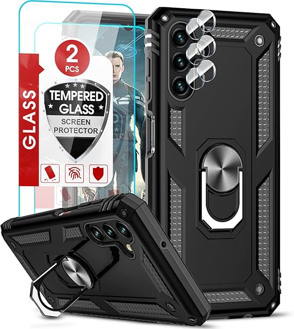 LeYi for Samsung Galaxy A04s/A13 5G/M13 5G Case and 2 Tempered Glass Screen Protector and 2 Camera Lens Protector,Ring Holder Military Protective Silicone Shockproof Tough Armor Phone Cover, Black