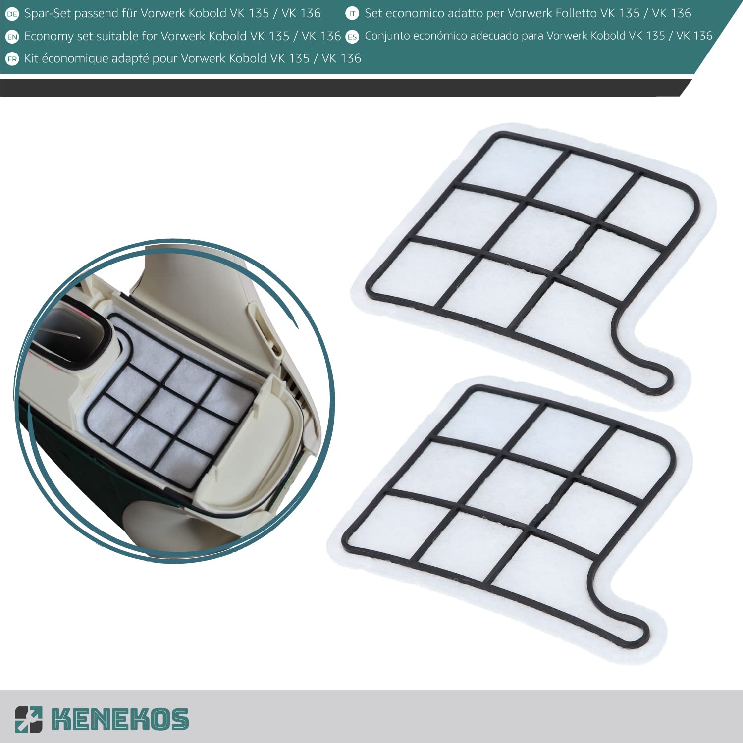Kenekos - SET ECONÓMICO adecuado para Vorwerk Kobold 135/136 / 135SC / VK135 / VK136 12 bolsas de polvo + 2 filtros hepa + 2 filtros de protección del motor + 12x fragancias