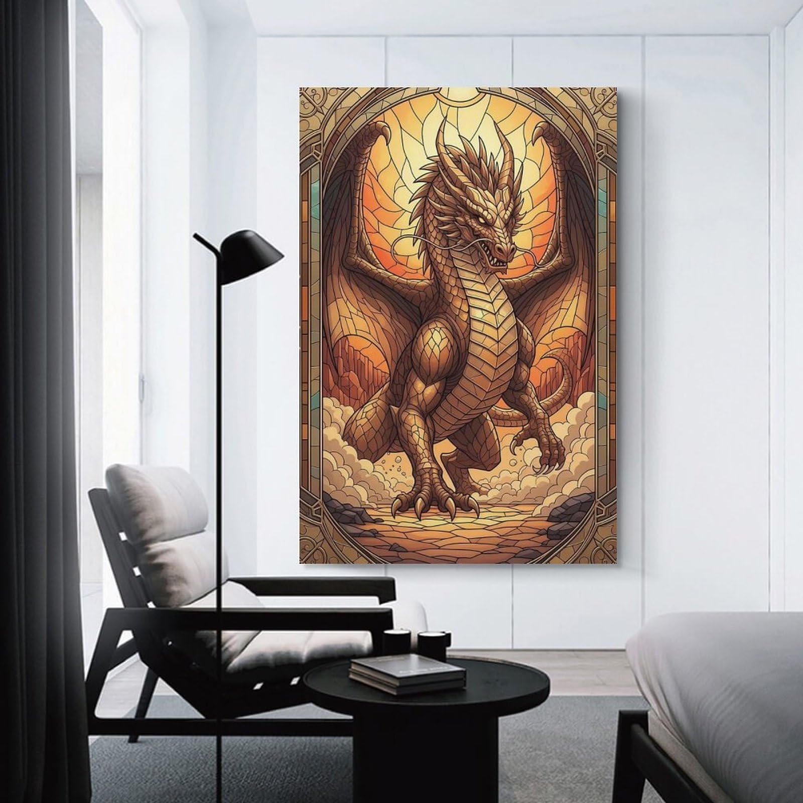 Junmoney Stained Glass Dragon Illustration Home Decor Wall Art 12x18inch(30x45cm), for Lounge, Bedroom Or Personal Spaces, Gift Idea for Housewarming And Birthdays
