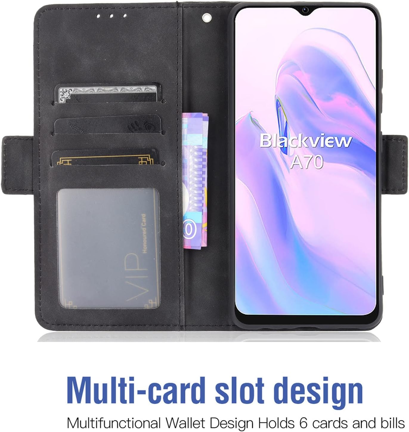 Asuwish Compatible with Blackview A70 Wallet Case 6.52 inch nd Tempered Glass Screen Protector Card Holder Credit ID Slot Flip Cell Accessories Phone Cover for BlackviewA70 Women Men Black - Image 3