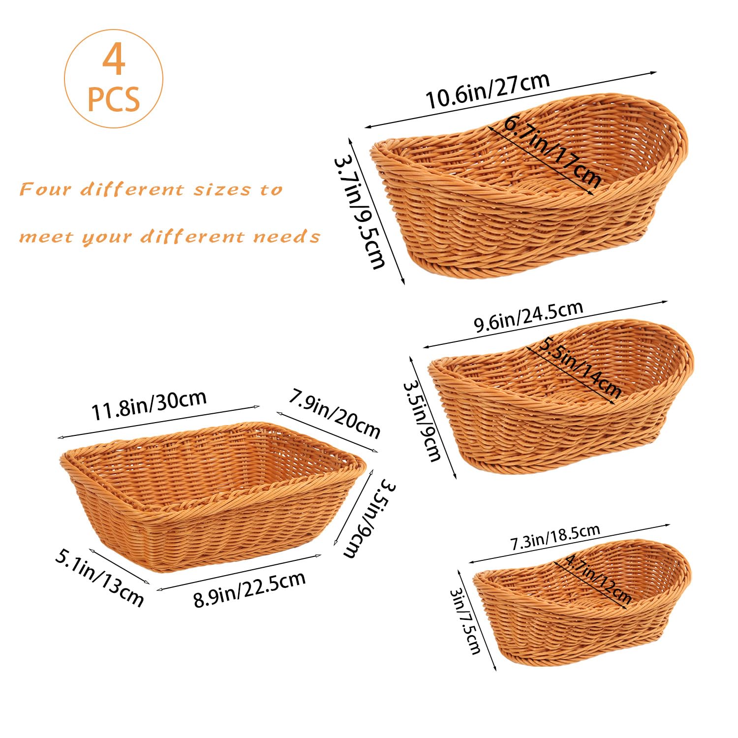 Cesta de mimbre para servir y almacenar aperitivos, 4 cestas tejidas ovaladas y rectangulares, cesta de almacenamiento de alimentos, cesta de almacenamiento de aperitivos, cesta de pan rústica vintage