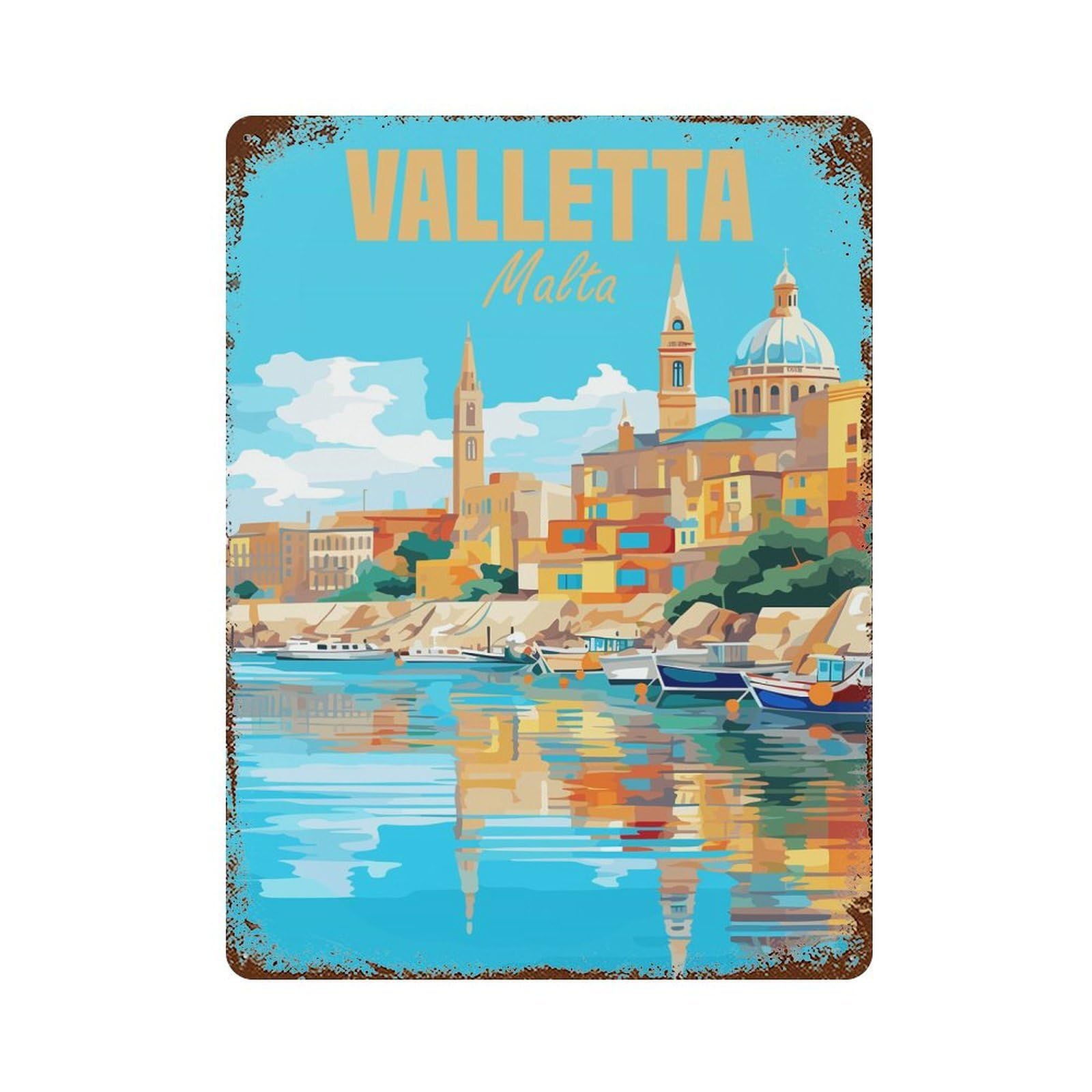 Valletta Malta Rust Effect Tin Sign 15.7"x11.8", Ideal for Shed, Workshop And Garage Wall Decor