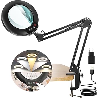Veemagni 12 x Magnifying Glass with Light 5 Colour Modes Continuously Dimmable Adjustable Swivel Arm LED Illuminated Magnifying Glass with Clamp Hands-Free Magnifying Glass with Light and Stand for Painting Hobby Closing Work [Energy Class E]