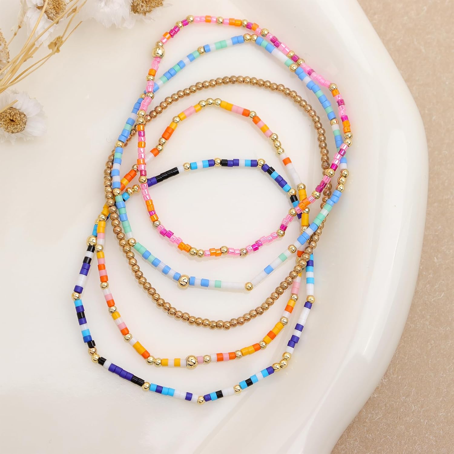 Gold Beaded Stack Bracelets for Women, Boho Handmade Stackable Colorful Beads Stretch Friendship Bracelet Prom Holiday Jewelry Gift. - Image 4