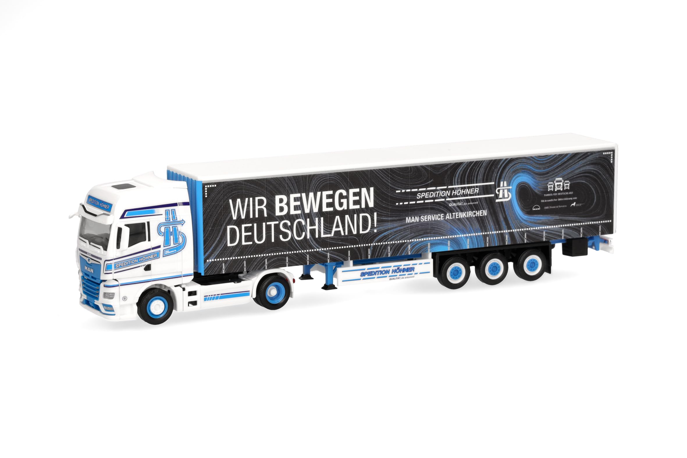 Herpa truck model MAN TGX GX curtain canvas semitrailer "Spedition Höhner/Wir bewegen Deutschland", on a scale of 1:87, plastic miniature, made in Germany, model building, collectors edition
