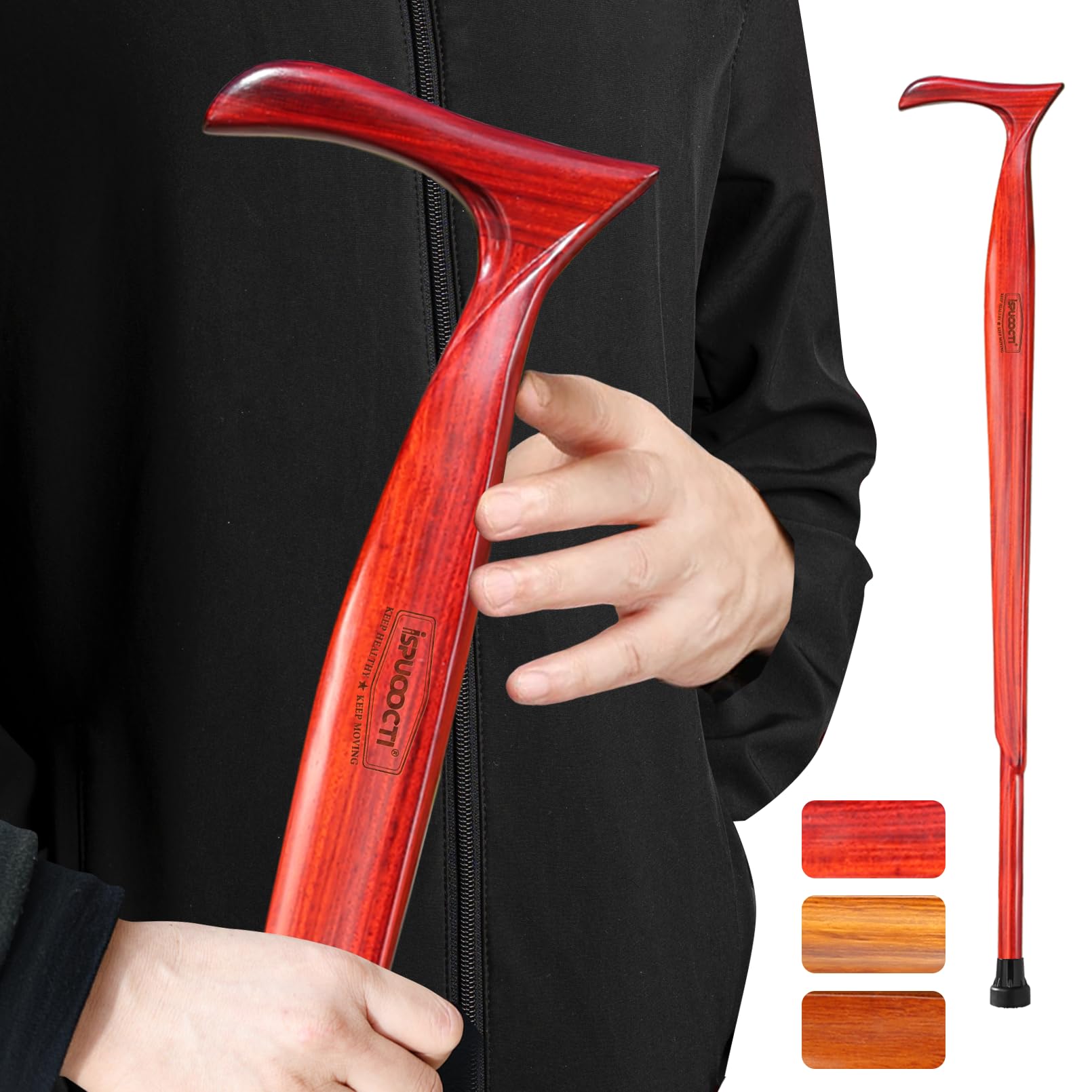 Bastón de madera para hombre y mujer – Madera maciza natural 3 pies de goma resistente con bolsa de viaje – Bastones ergonómicos para personas mayores unisex