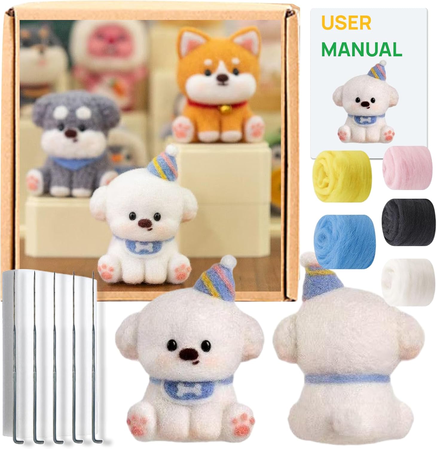 MeowPick Needle Felting Kit for Beginners, Cute Sitting Dog Wool Plushie, 8cm Desk Decor & Keychain, Bichon/Schnauzer/Shiba Inu, DIY Craft with Tools & Video, Pet Lover Gift (Bichon)