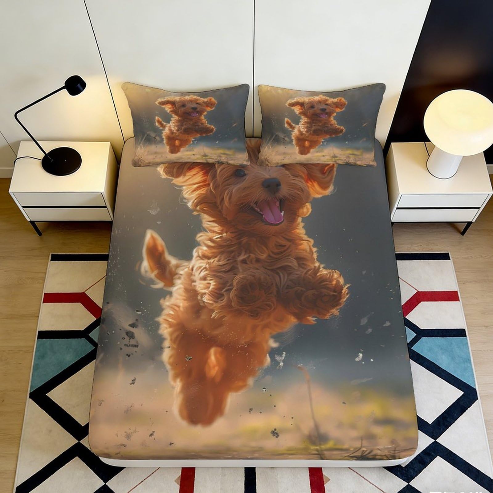 3D Printed Playful Puppy Fitted Sheet Microfiber Soft Anti-Slip Bed Sheet Dog Pattern for Bedroom Guest Room Decor 90x200x25cm