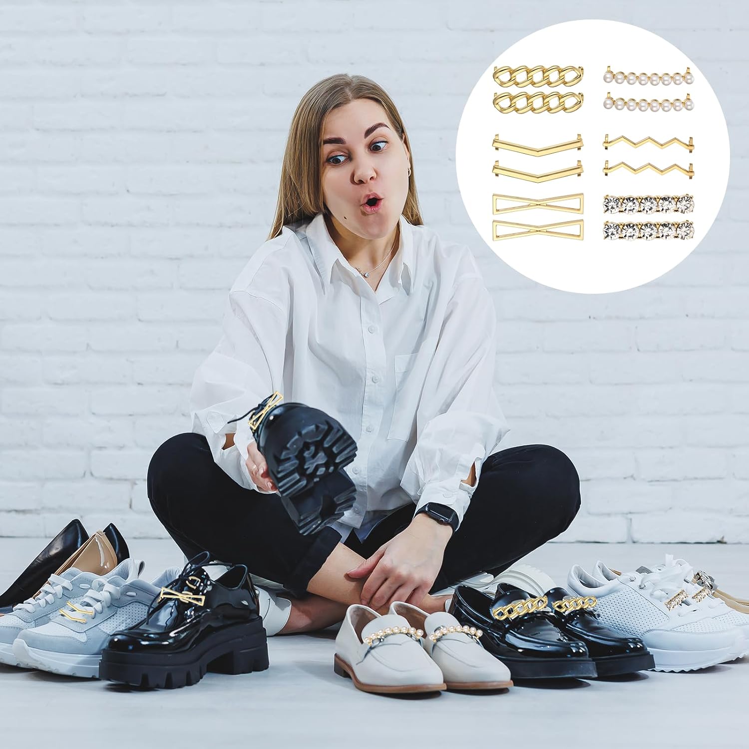 JJUNW 12 PCS Shoelace Charms, DIY Decorative Shoe Clips, Gold Sneakers Shoelaces Decorations Faux Pearl Rhinestones Shoes Accessory Girl Women Casual Shoes