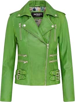 Ladies Retro Apple Green 100% Nappa Leather Biker Jacket at Amazon