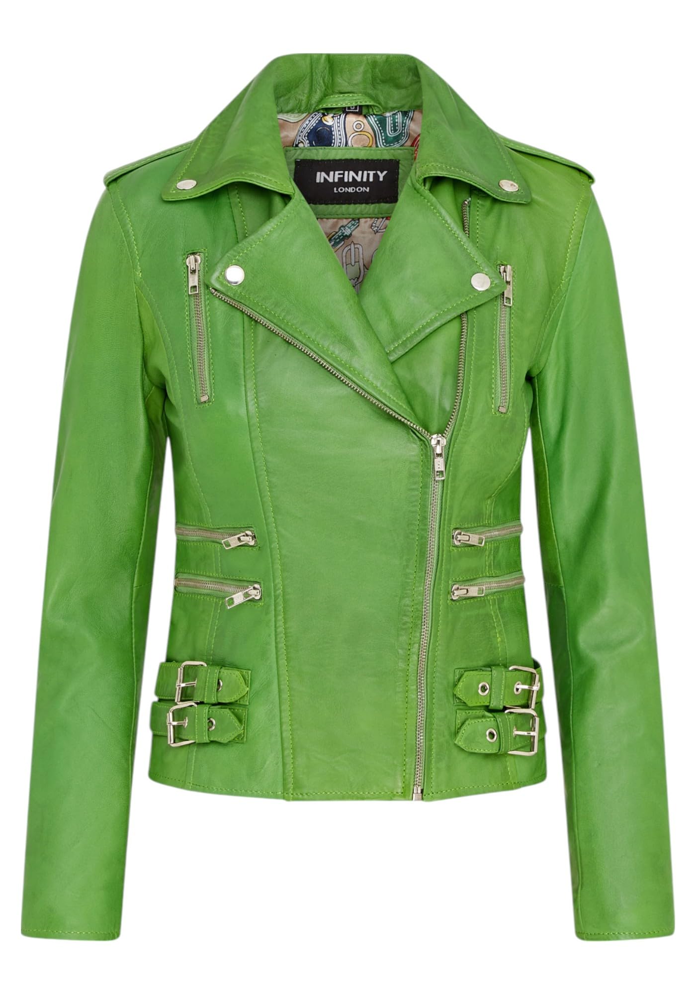 Infinity Leather Women's Leather Brando Biker Jacket-Loddon in Light Green | Size: 16