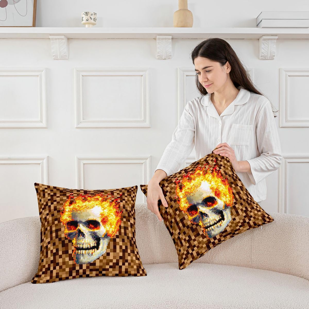 Fire Skull Pillow Covers Set of 4,Brown Pixelated Fire Skull Design Double Sides Print Pillowcase Soft,Gothic Pixel 18"x18" Cushion Case for Office Living Room,Retro Pixel Design Throw Pillow Cover image 4