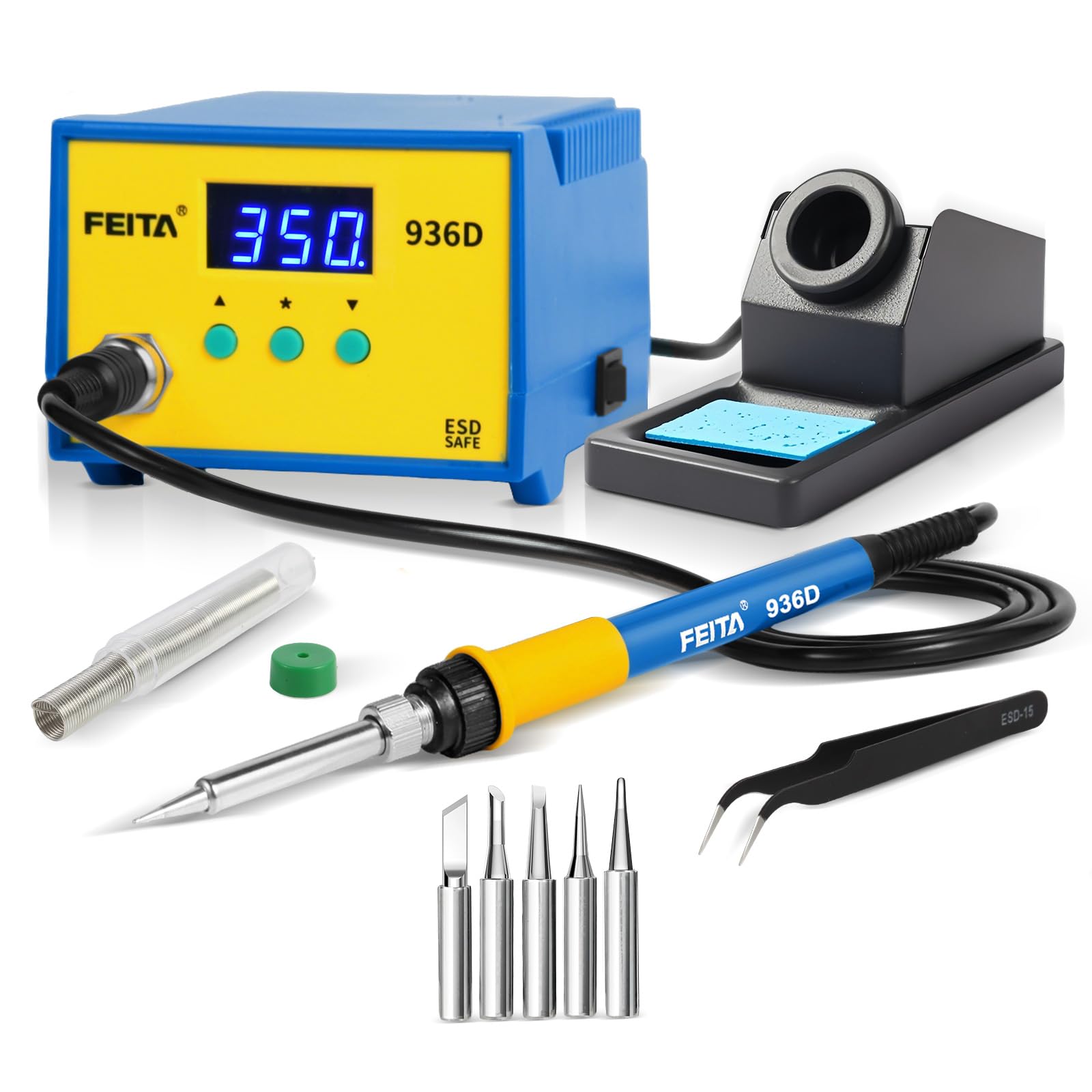 FEITA 936D Digital Soldering Station, 60 Watt Equivalent with Auto Sleep, Calibration Support, Solder Tips, Lead-Free Solder & ESD Tweezer. ESD Safe for Electronics