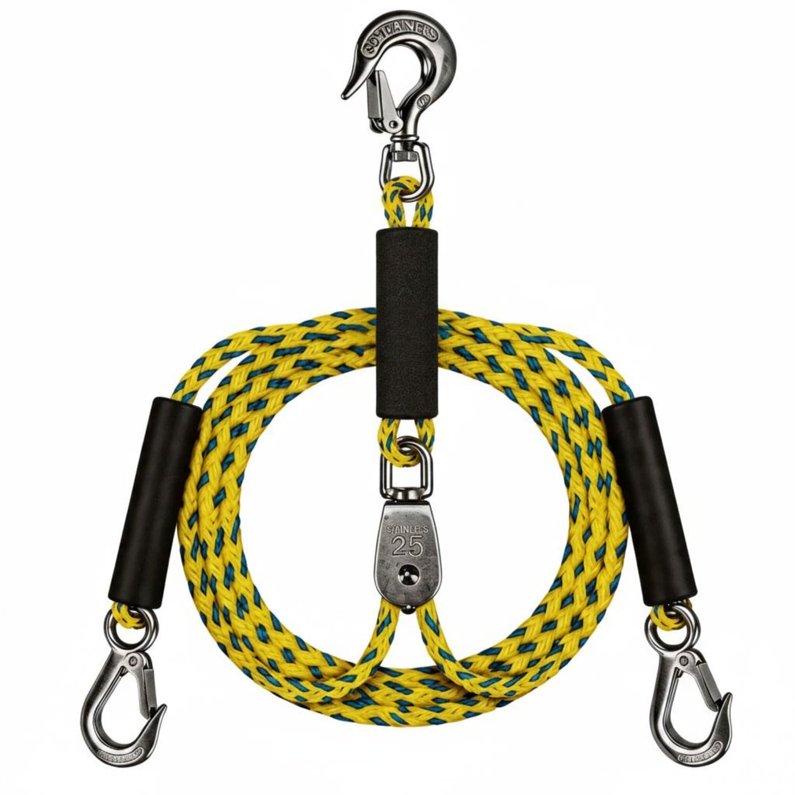Gralara Corda Traino Barca Cavo Rimorchio Fune Trazione Fune Galleggiante con Ganci Acciaio Inossidabile E Linea con Gancio, Corda Da Traino 2.4m Con Doppio Gancio, Maniglia Nera E Corda Gialla E Blu