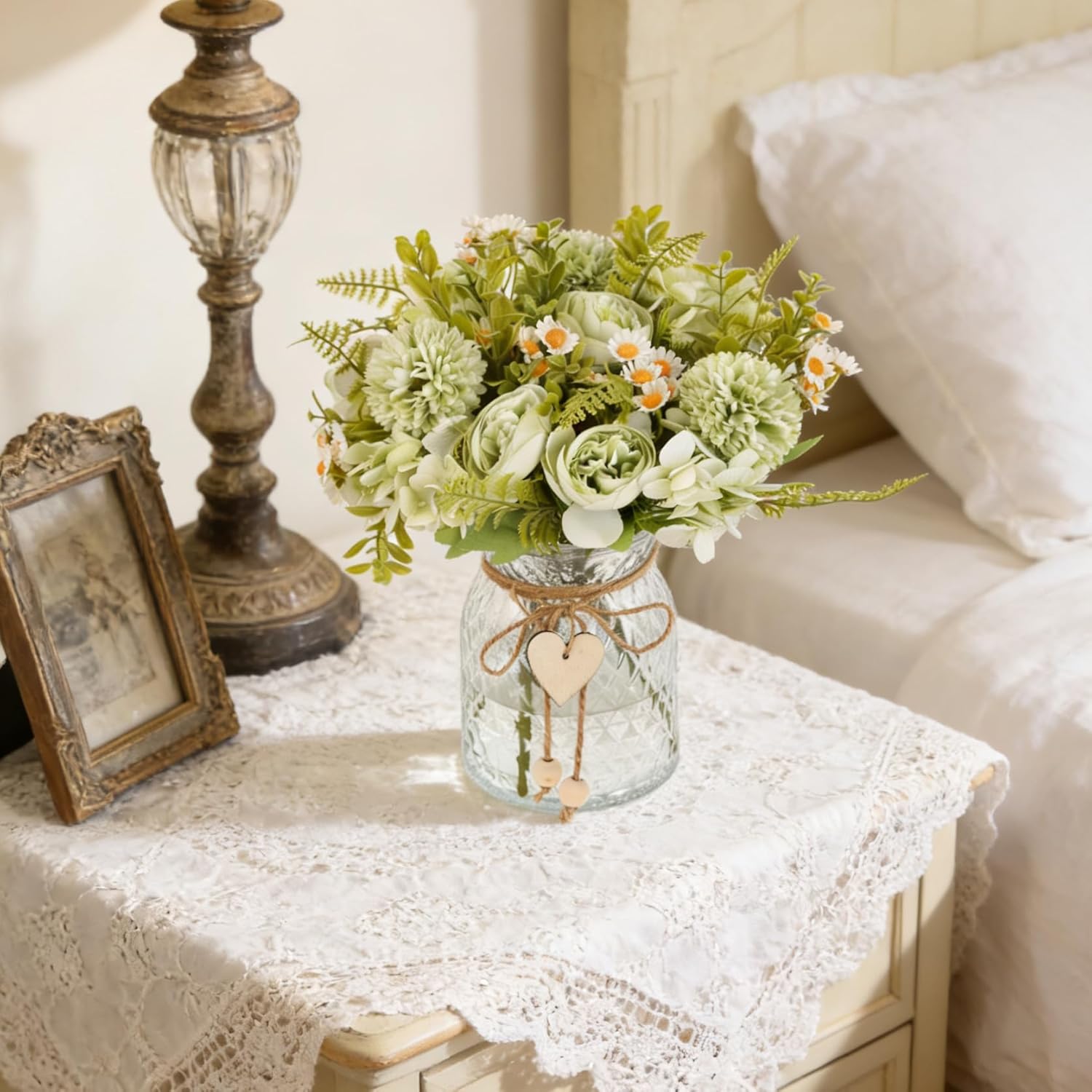 Kimura's Cabin Fake Flowers with Vase Artificial Silk Peony in Vase Fake Flower Hydrangeas Arrangement for Dining Table Home Office Farmhouse Bathroom Centerpiece Wedding Decorations,Green
