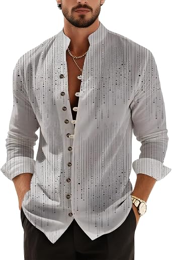 Mens Button Down Shirt Striped Pattern Long Sleeve Shirts Geometric Style Lightweight Vacation Casual Tops
