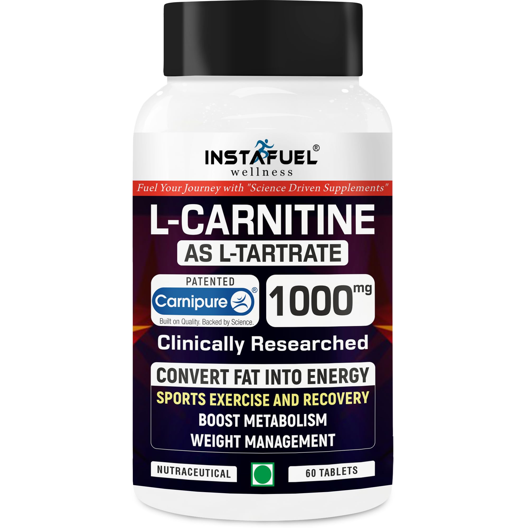 Instafuel Carnipure® L-Carnitine L-Tartrate 1000mg - Ultimate Pre & Post Workout Supplement for Energy Production, Weight Management, Muscle Recovery, Boost Performance & Brain Power - 60 Tablets