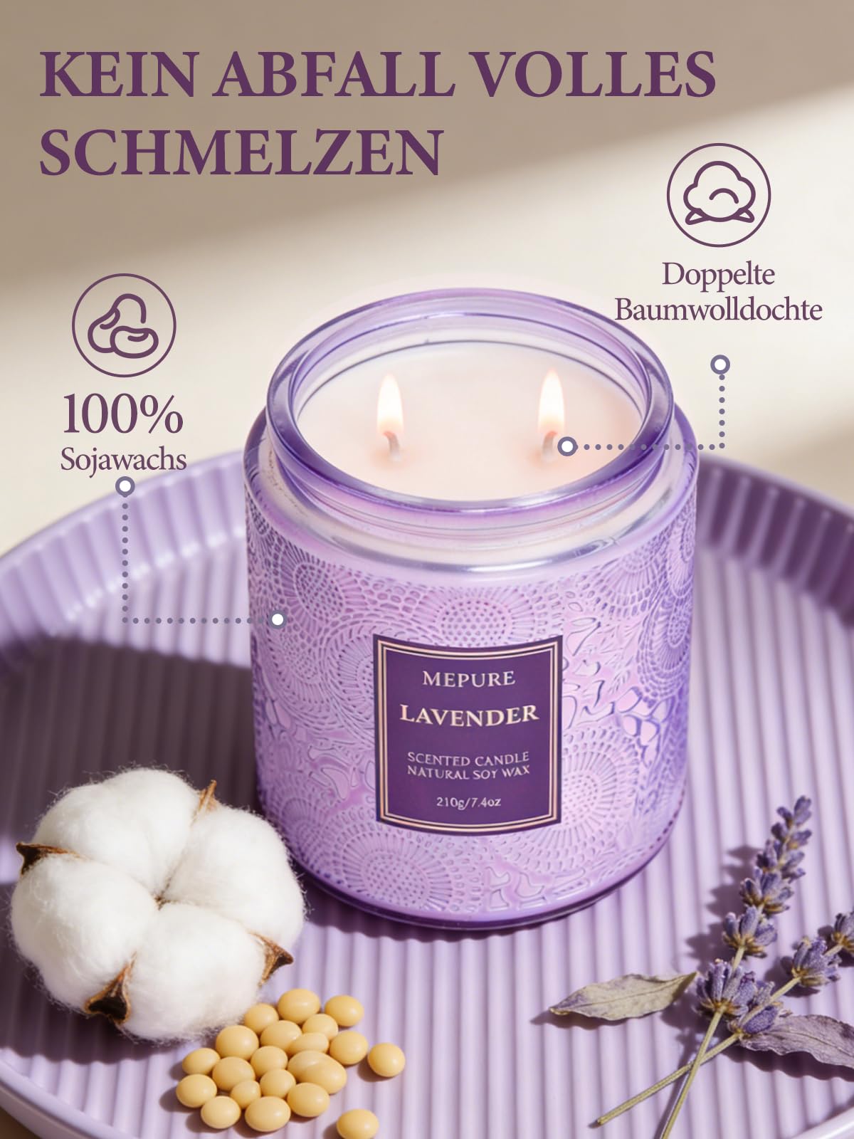 Lavendel Duftkerze im Glas – Duftkerze aus Sojawachs mit Doppeldocht, ca. 50 Std. Brenndauer, handgegossen, sanfter Lavendel Kräuter-Holzduft für Zuhause, Entspannung & als Geschenkide