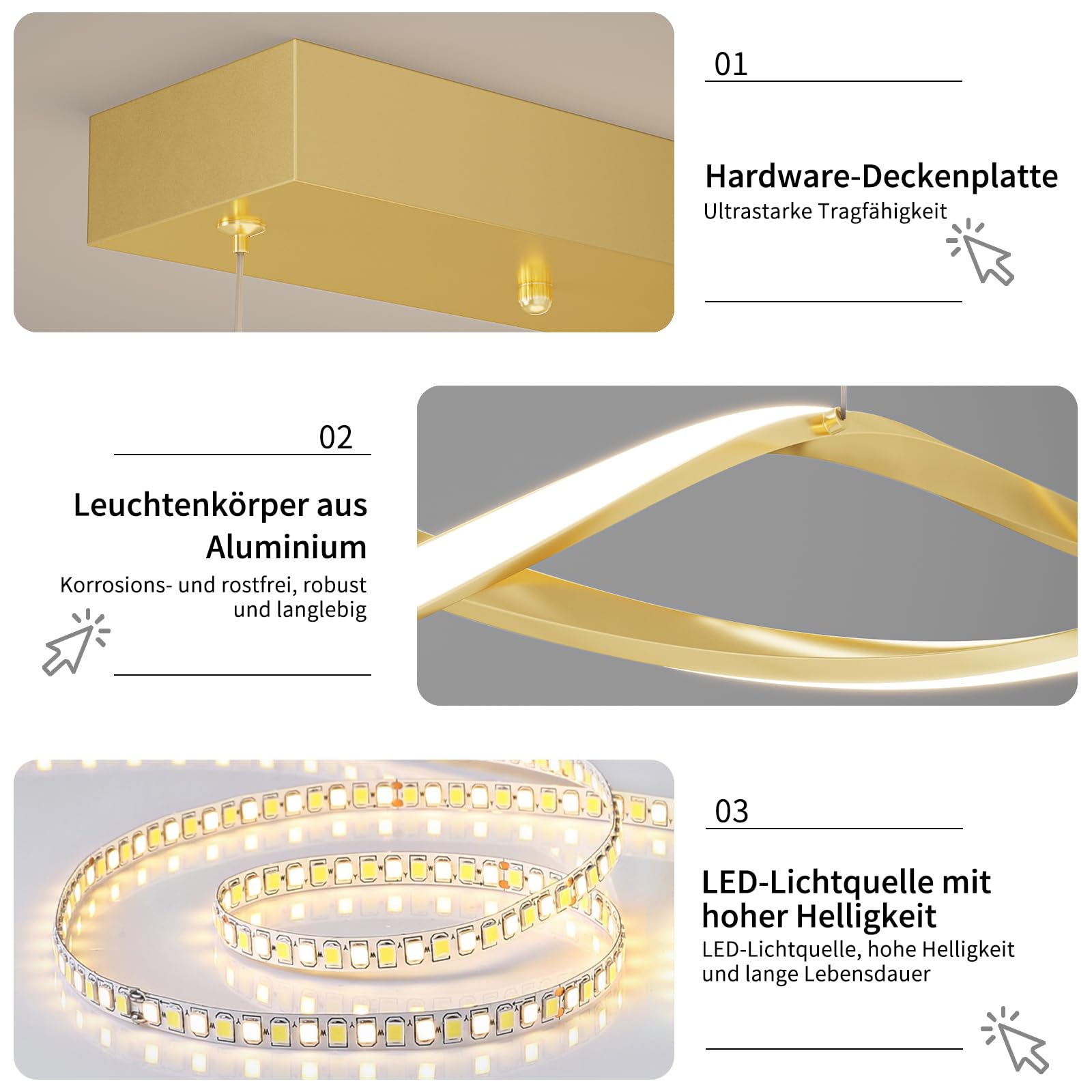 Mikeru Luce a Pendente a Onda da 150cm, Lampadario Lineare Dorato 3000K/4500K/6500K Luce a Onda Isola 10%-100% Dimmerabile Luci Appese Regolabili in Altezza con Funzione di Memoria per Isola Cucina