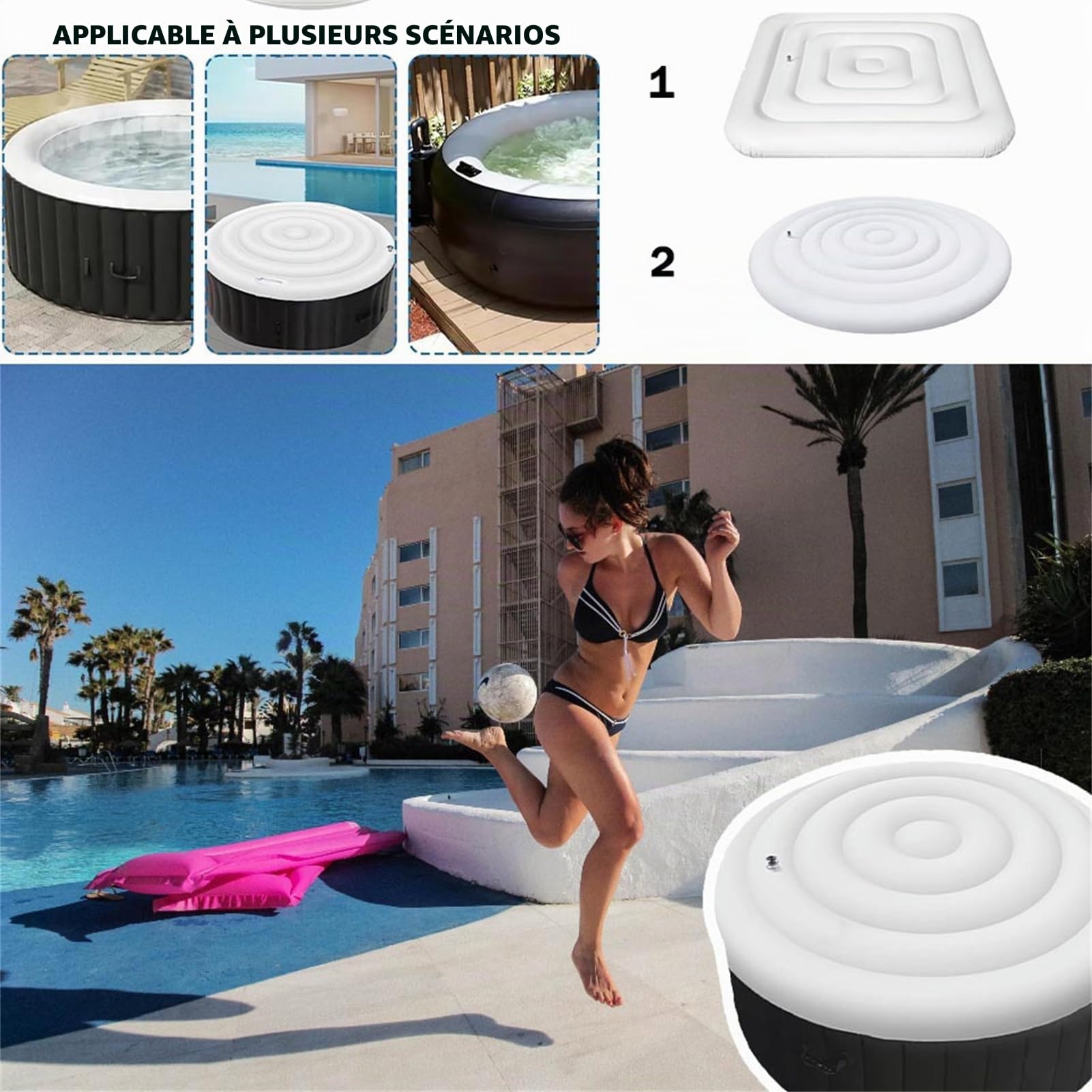 Couvercle de Spa Gonflable Rond/carré Couverture Spa, Habillage Spa Gonflable avec poignée, avec Valve de Gonflage et de Dégonflage Rapide et Facile, Couvercle isolé pour Spa (Square 160*160cm,White)