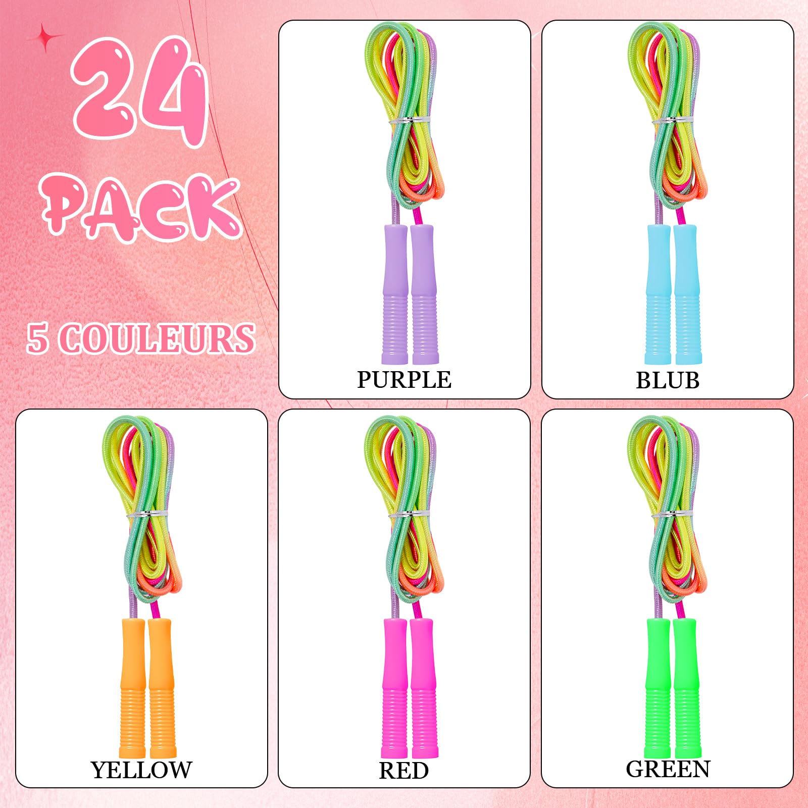 Lot de 24 Cordes à Sauter Réglables 2,2 m en Nylon Arc-en-Ciel avec Poignées Ergonomiques Antidérapantes pour Étudiants, Écoles, Sport, Entraînement Extérieur, Jeux et Fêtes