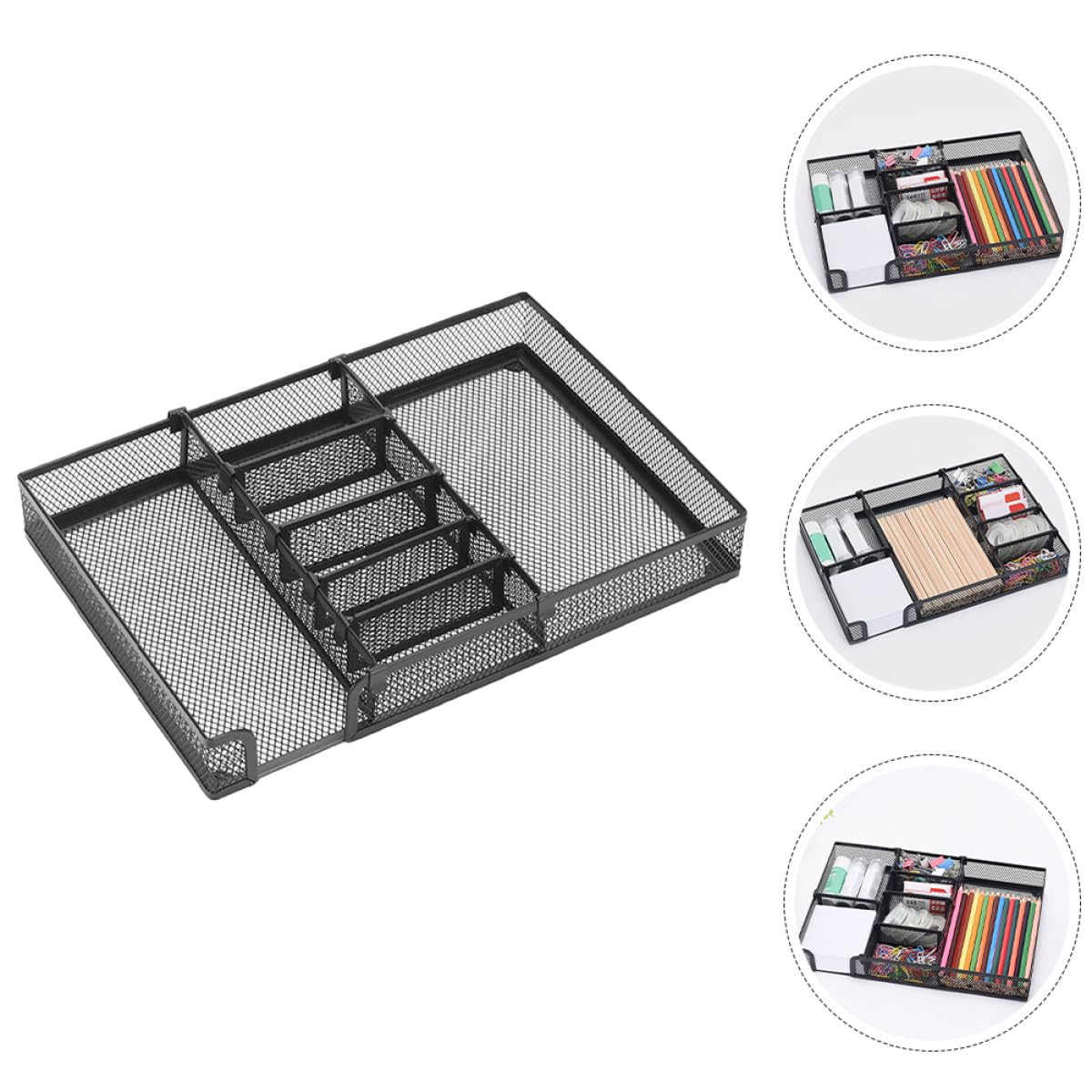 Healeved Organizador de Escritorio de Metal Negro DIY Bandeja de Malla Portalápices Metálico y Compartimentos para Cajones Adecuado para Oficina y Material de Oficina Organizadores de
