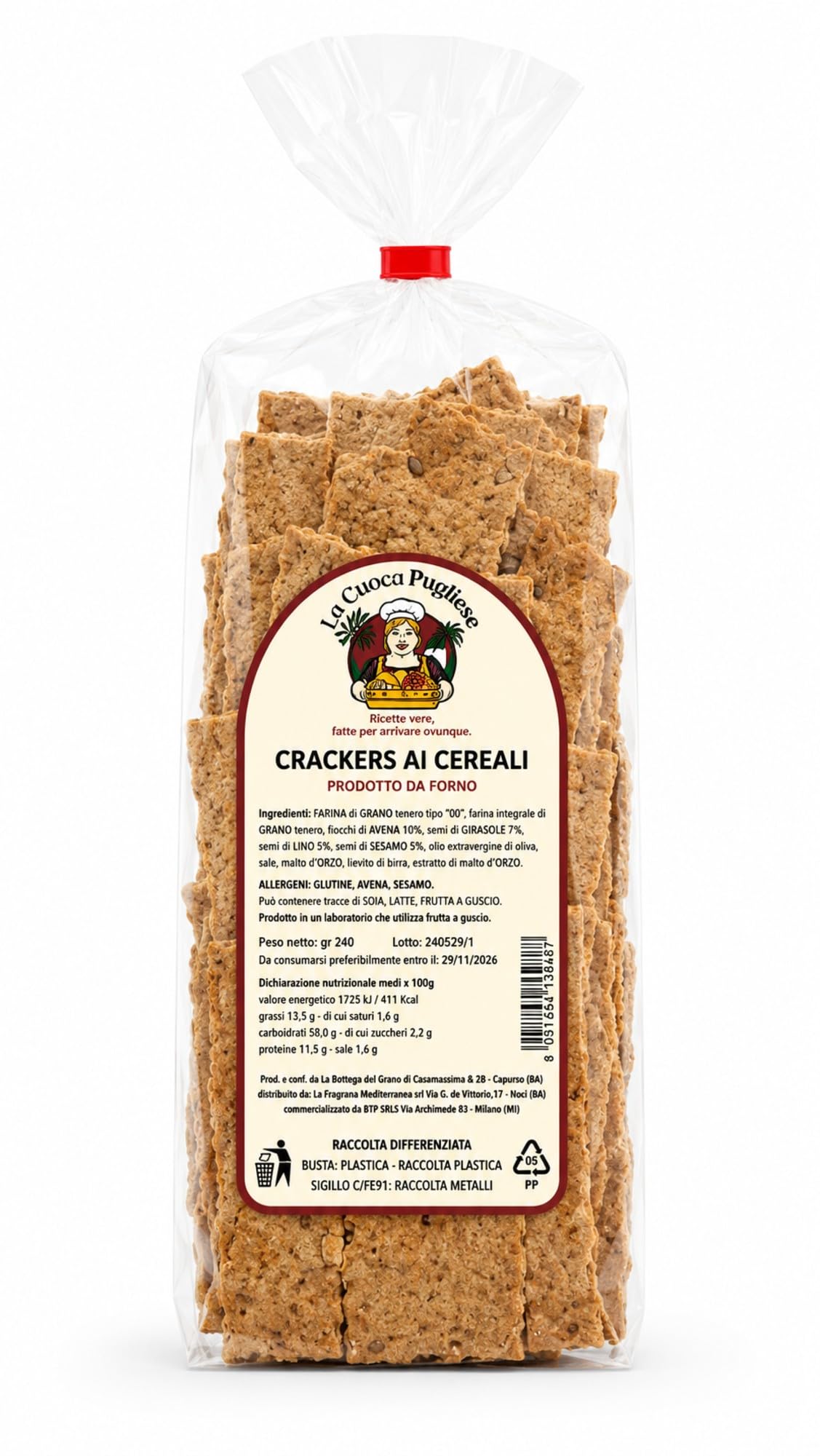 La Cuoca Pugliese - Crackers ai Cereali Croccanti, crackers artigianali pugliesi, con farina multicereale e semi selezionati, confezione da 300 g, specialità da forno pugliese