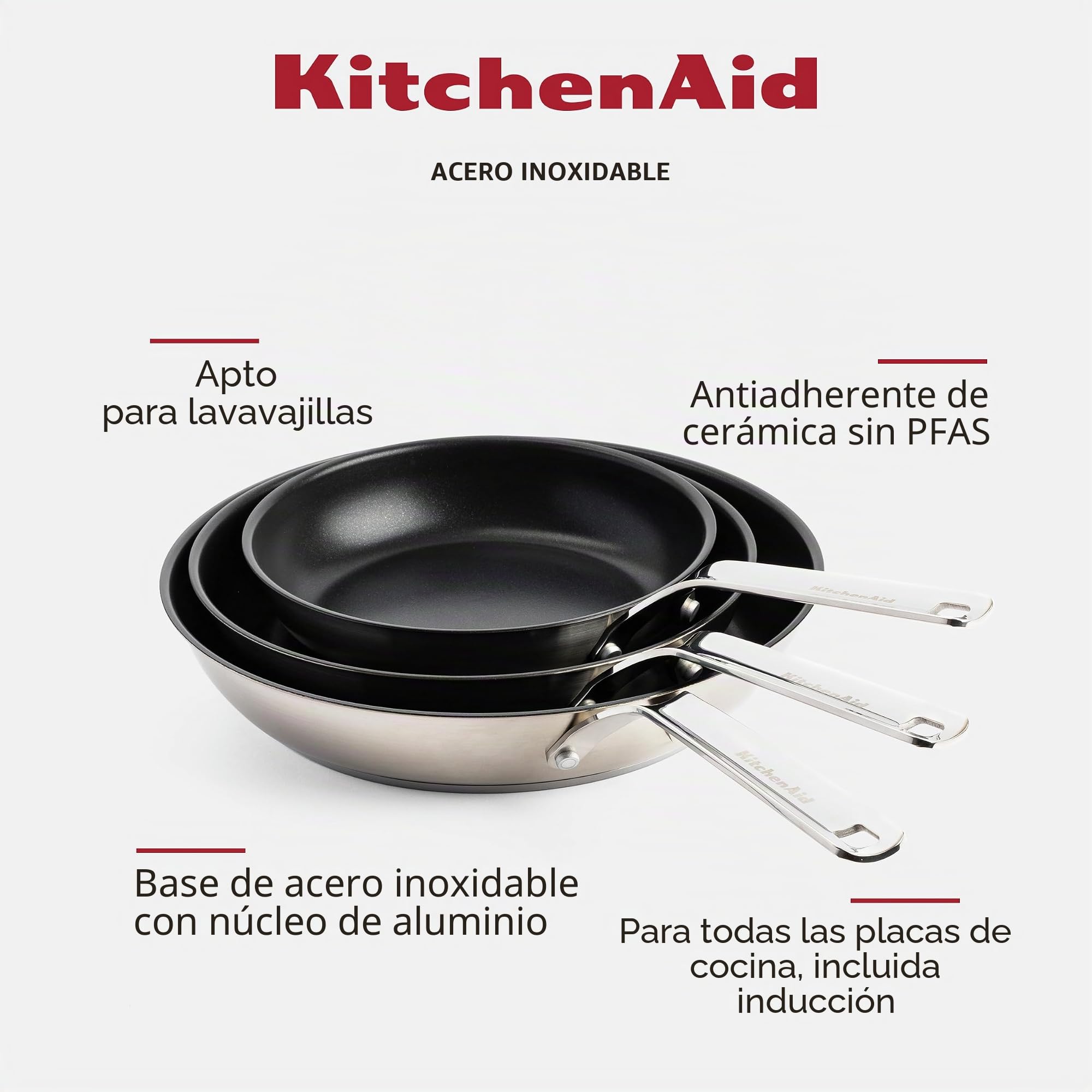 KitchenAid Stainless Steel Juego de Sartenes Cerámicas Antiadherentes de Acero Inoxidable sin PFAS de 20 cm, 24 cm y 28 cm, aptas para inducción, horno y lavavajillas, Plateadas