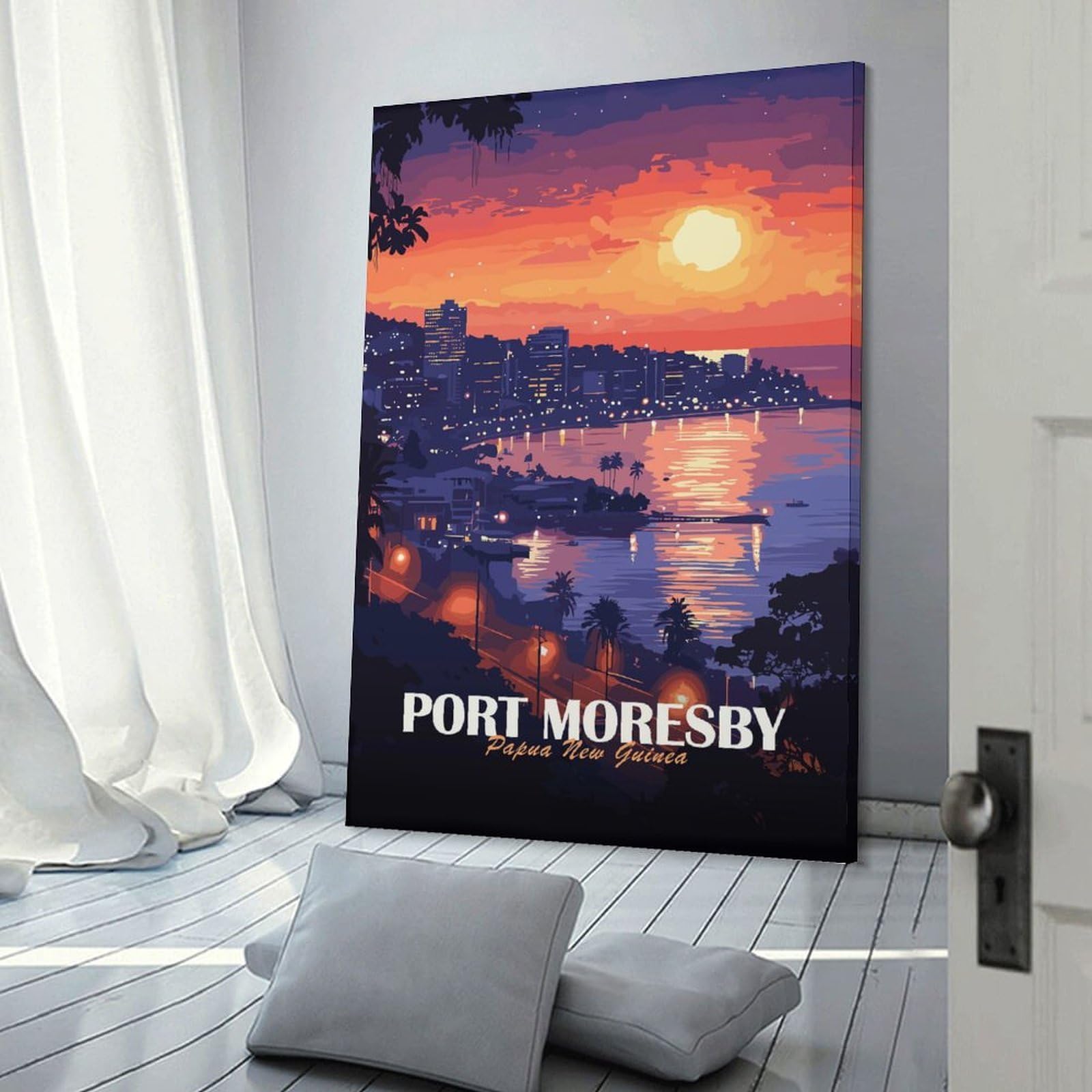 Junmoney Frame-Style-6 Wall Picture Print Port Moresby, Papua New Guinea At Sunset, 24X36inch(60X90cm), For Living Room, Lounge Or Sitting Room, Modern Wall Decor For Cosy Interiors