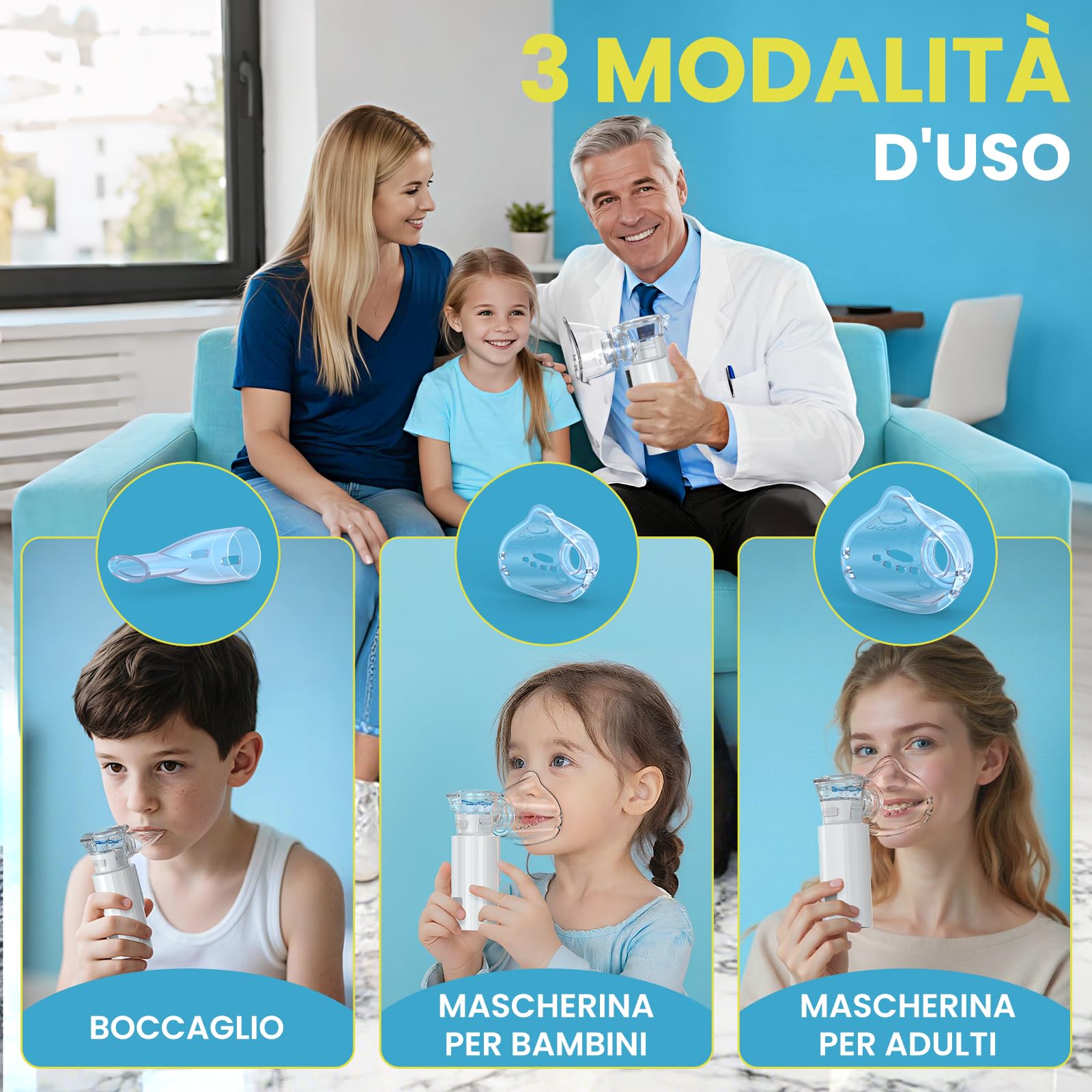 Aerosol Portatile Silenzioso – Macchina Aerosol per Aerosol Adulti e Aerosol Bambini, 2 Modalità Regolabili, Aerosol Ultrasuoni Autopulente con 2 Maschere e Boccaglio, per Viaggi e Uso Domestico