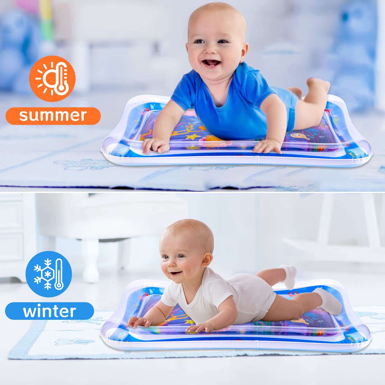 Tapis D'eau Tummy Time Bébé - Tapis De Jeu Gonflable 3-12 Mois - Motif Océan Bleu