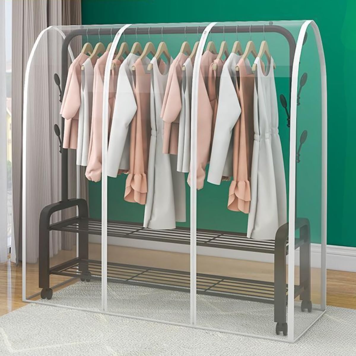 Transparente Staubschutzhülle für Kleiderstangen, Doppelstangen-Garderobenschutz für Schlafzimmer, geeignet für Mäntel, Anzüge und Kleider, wasserdichte, Wiederverwendbare Kleiderbügelhülle